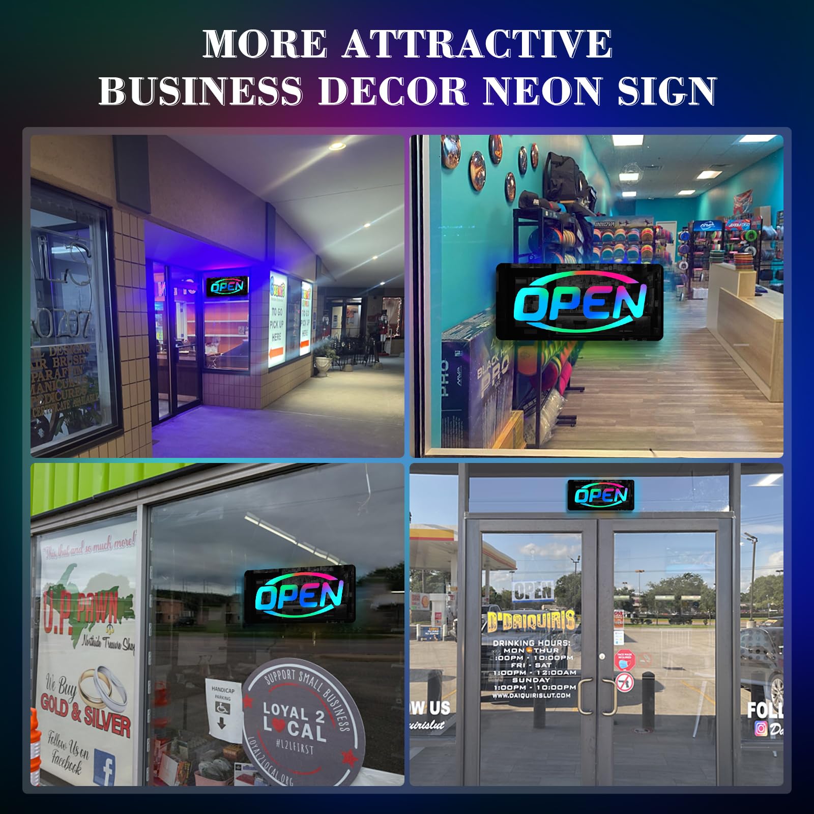 ineonlife Open Neon Sign - Mirrored Colorful LED Light for Business Decor, 14.57 x 6.69 inches, USB Powered