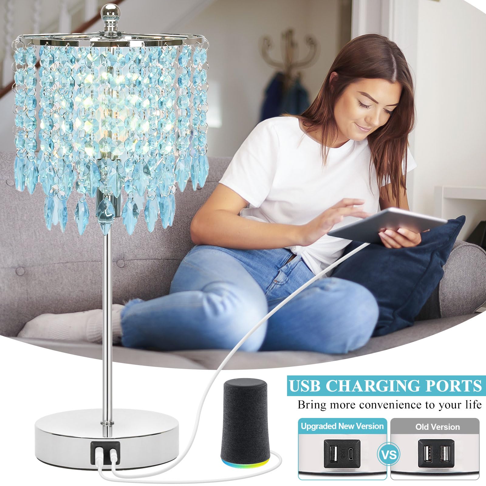 Boncoo Crystal Table Lamp, Teal Shade, Touch Control, 3-Way Dimmable, Metal, Dual USB Ports, LED Bulb Included