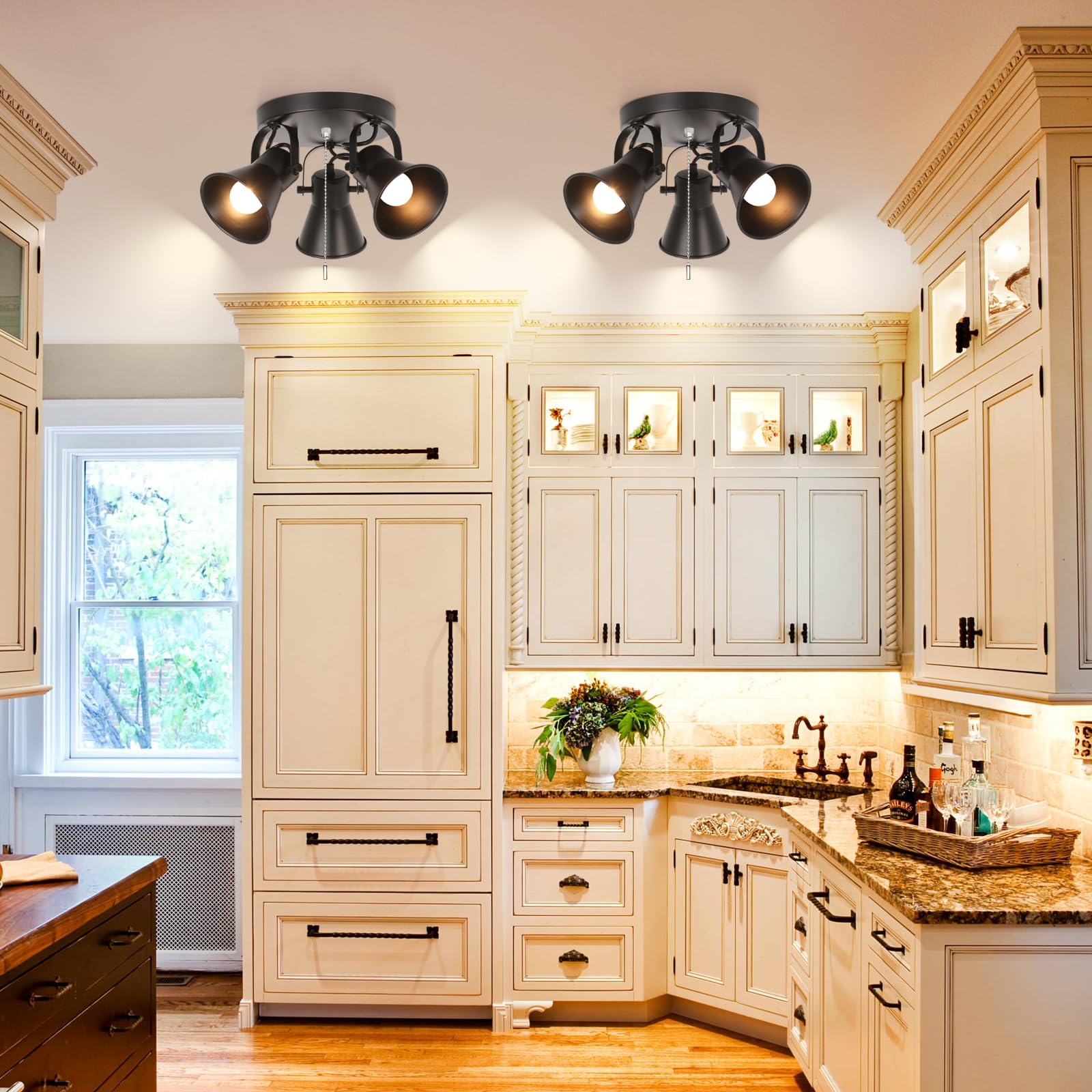 Seeblen 3-Light Industrial Track Lighting With Pull Chain On/Off Switch, Adjustable Round Kitchen Ceiling Light, Morden Black Fl