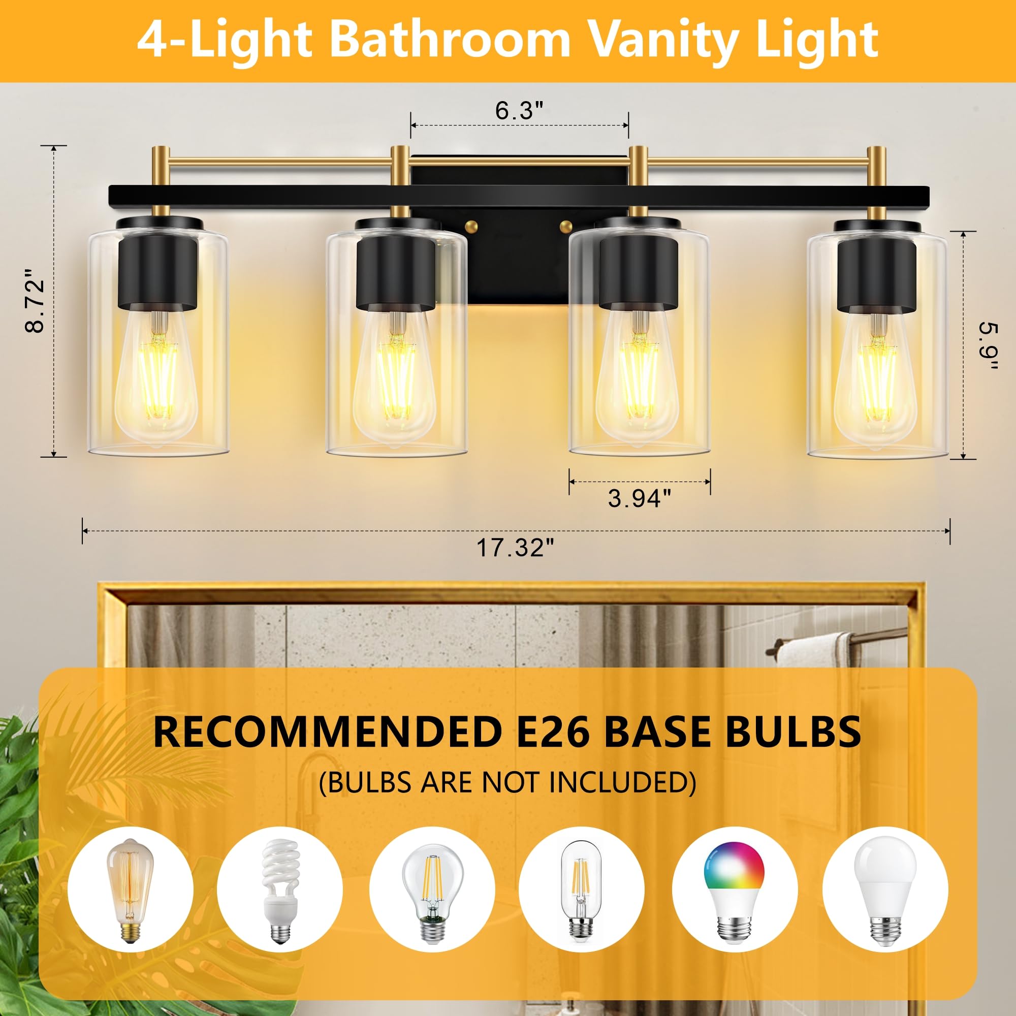 LETRY Bathroom Vanity Light Fixture, 4-Light, Iron, Black and Gold, Model BL-4-BG, Clear Glass Shade for Mirror