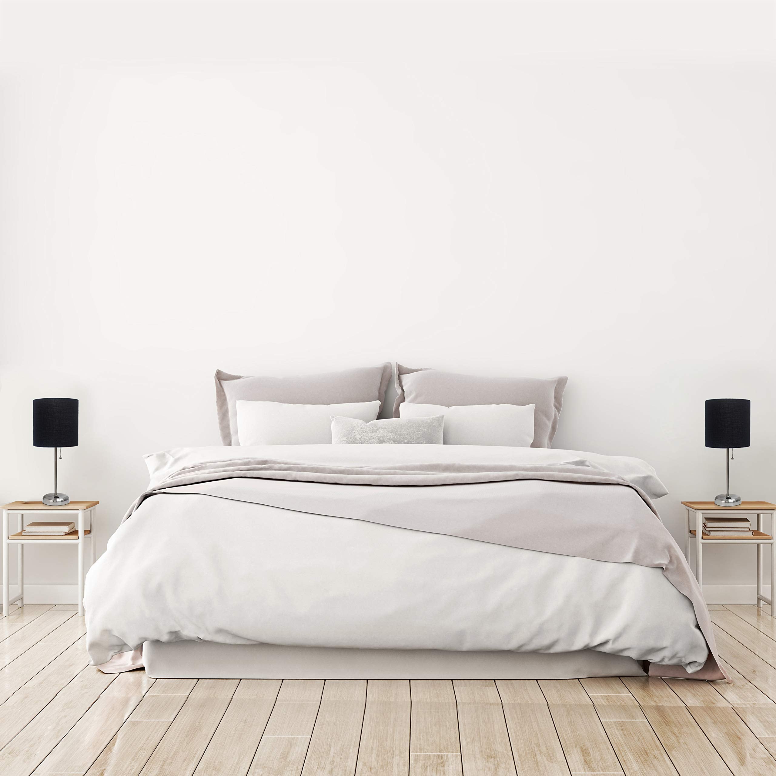 Simple Designs Lc2001-Blk-2Pk Brushed Steel Stick Table Lamp Set With Charging Outlet And Black Fabric Shades, 2 Pack Set