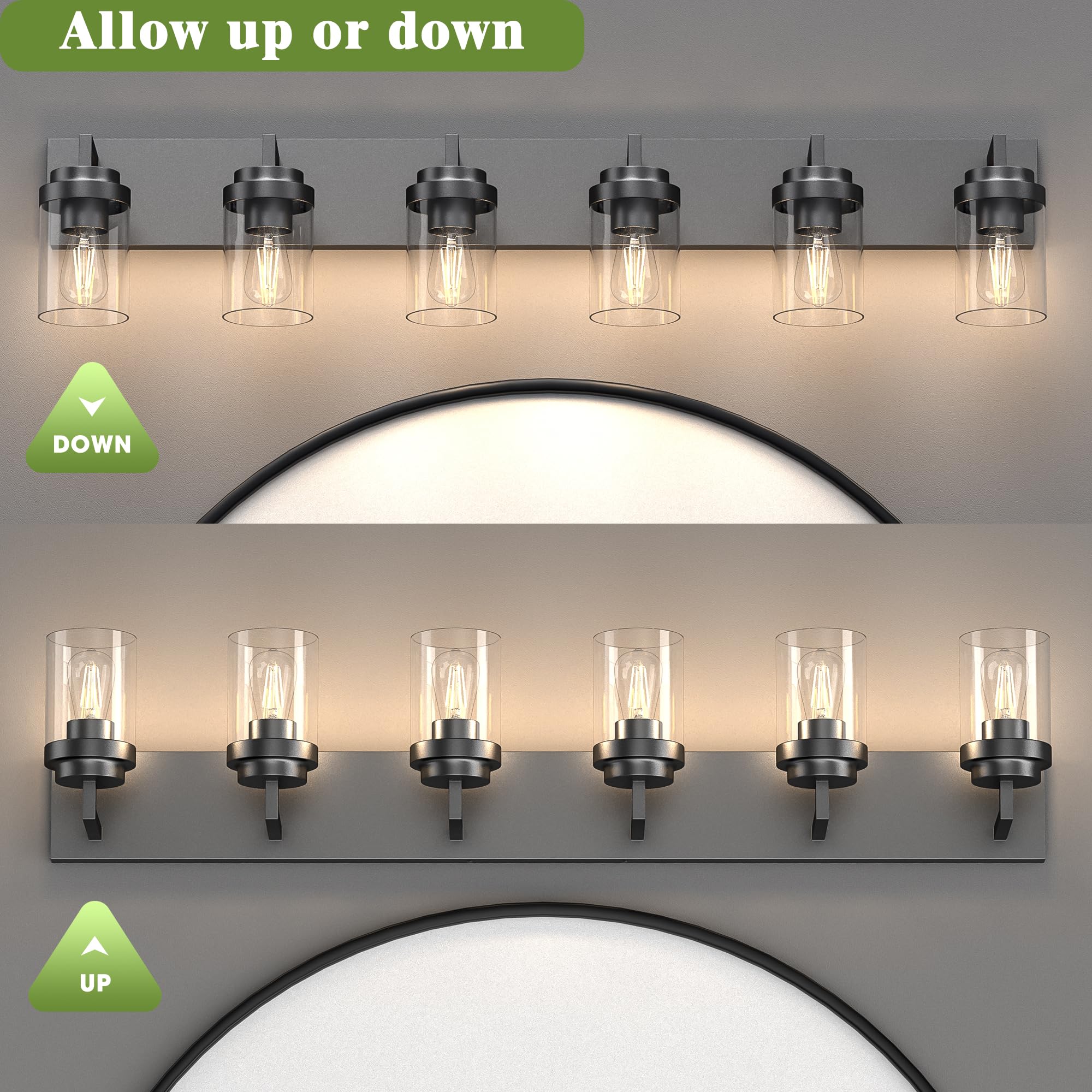 Espird Bathroom Vanity Light, 6 Light Bathroom Light Fixtures Over Mirror, Black Vanity Lights With Clear Glass Shade, Modern Ba