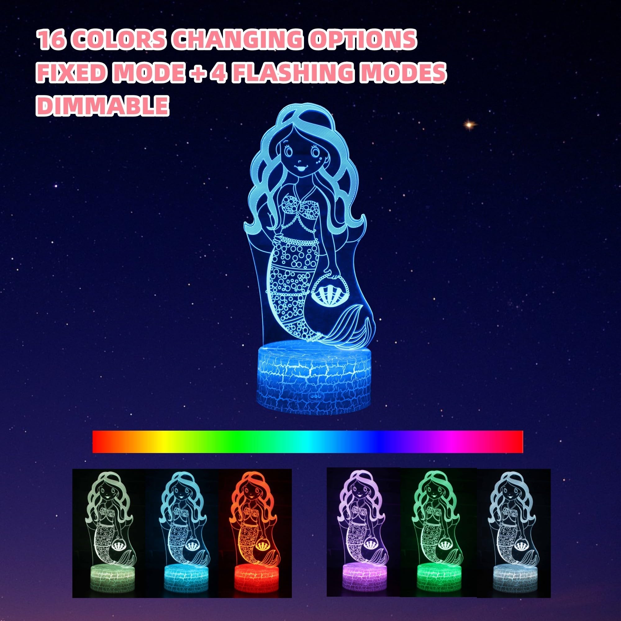 Kenmaca Mermaid Night Light For Girls Bedroom, 3D Illusion Led Lamp, 2 Patterns 16 Colors Changing Dimmable Room D  Cor Bedside,