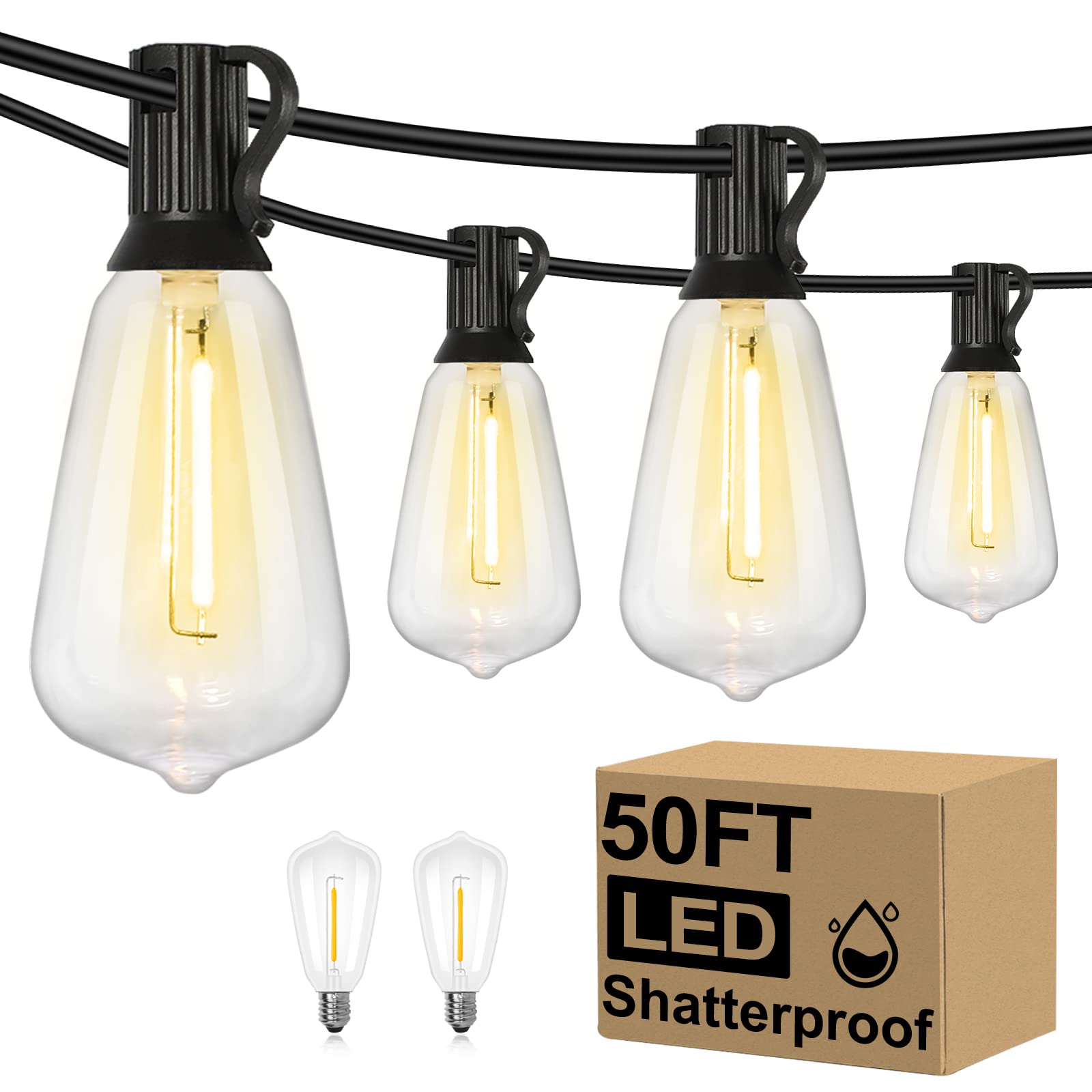 Brightever 50FT Outdoor String Lights - Waterproof LED Patio Lights with 27 Shatterproof Vintage Bulbs, Model CMC-O251, for Garden & Porch