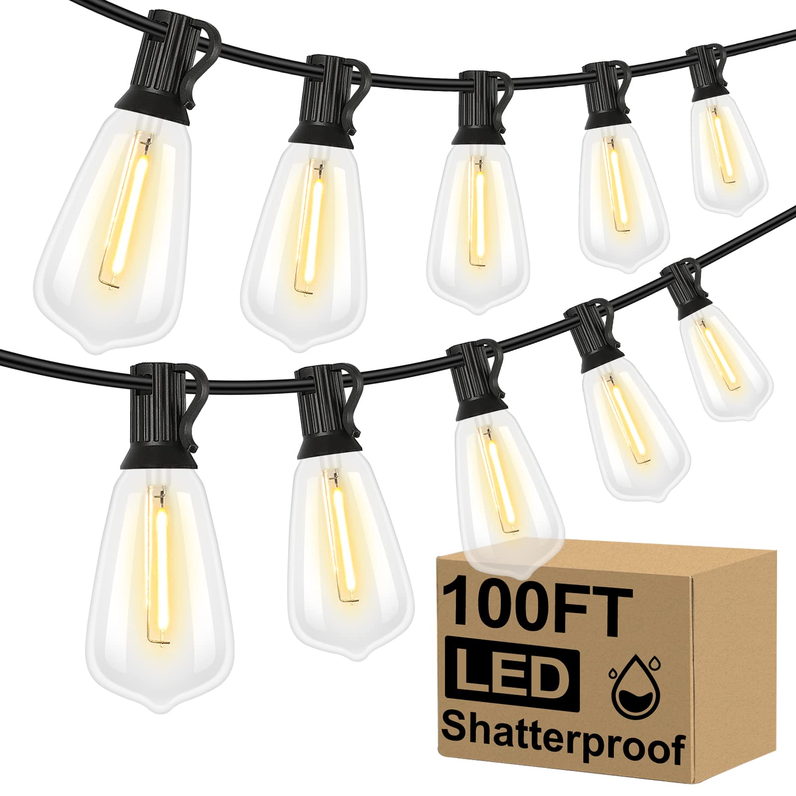 Brightever 100FT LED Outdoor String Lights with 52 Vintage Edison Bulbs, 2700K Warm White, Waterproof for Patio, Garden, and Balcony