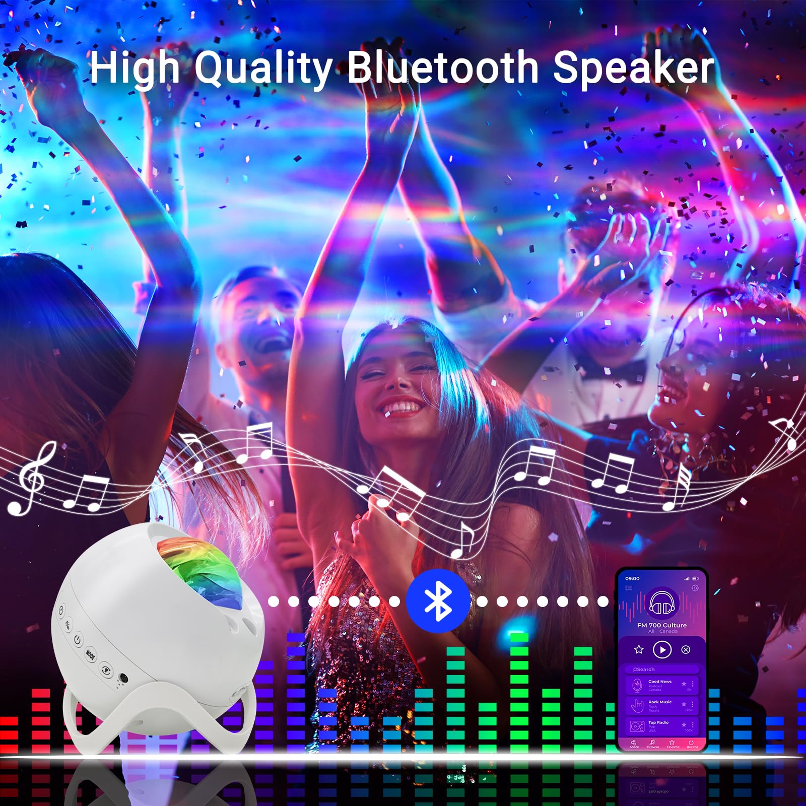 HERHOTER Star Projector with Bluetooth Speaker, Remote Control, White Noise, 5.3in, White, Model BL-XK09-05, for Game Room & Bedroom