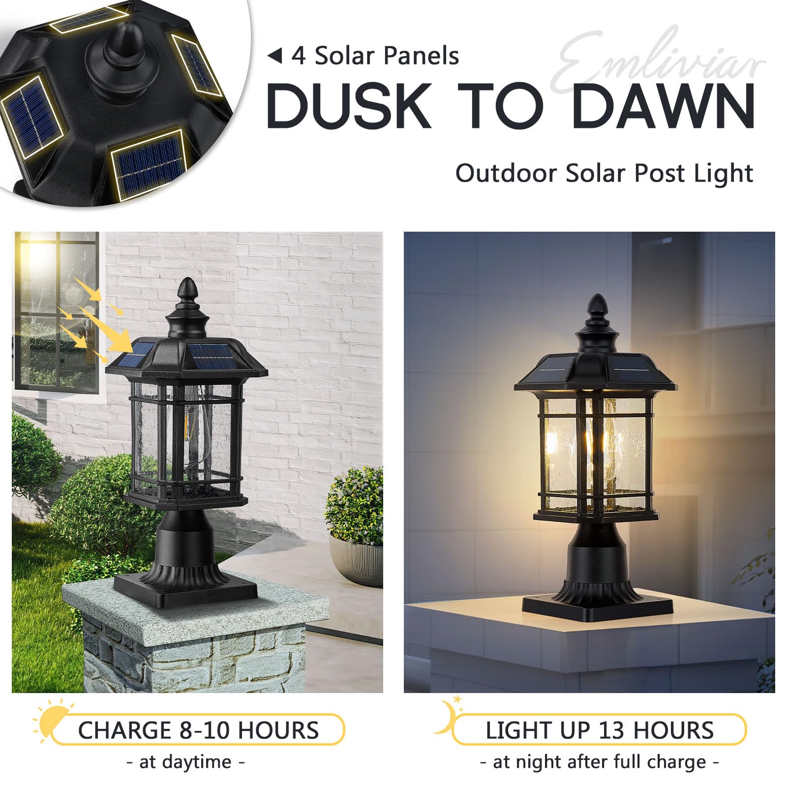 Emliviar 16 Inch Outdoor Solar Post Light with Remote Control, Black Finish, Seeded Glass Shade, Model A2202110P1-SL BK
