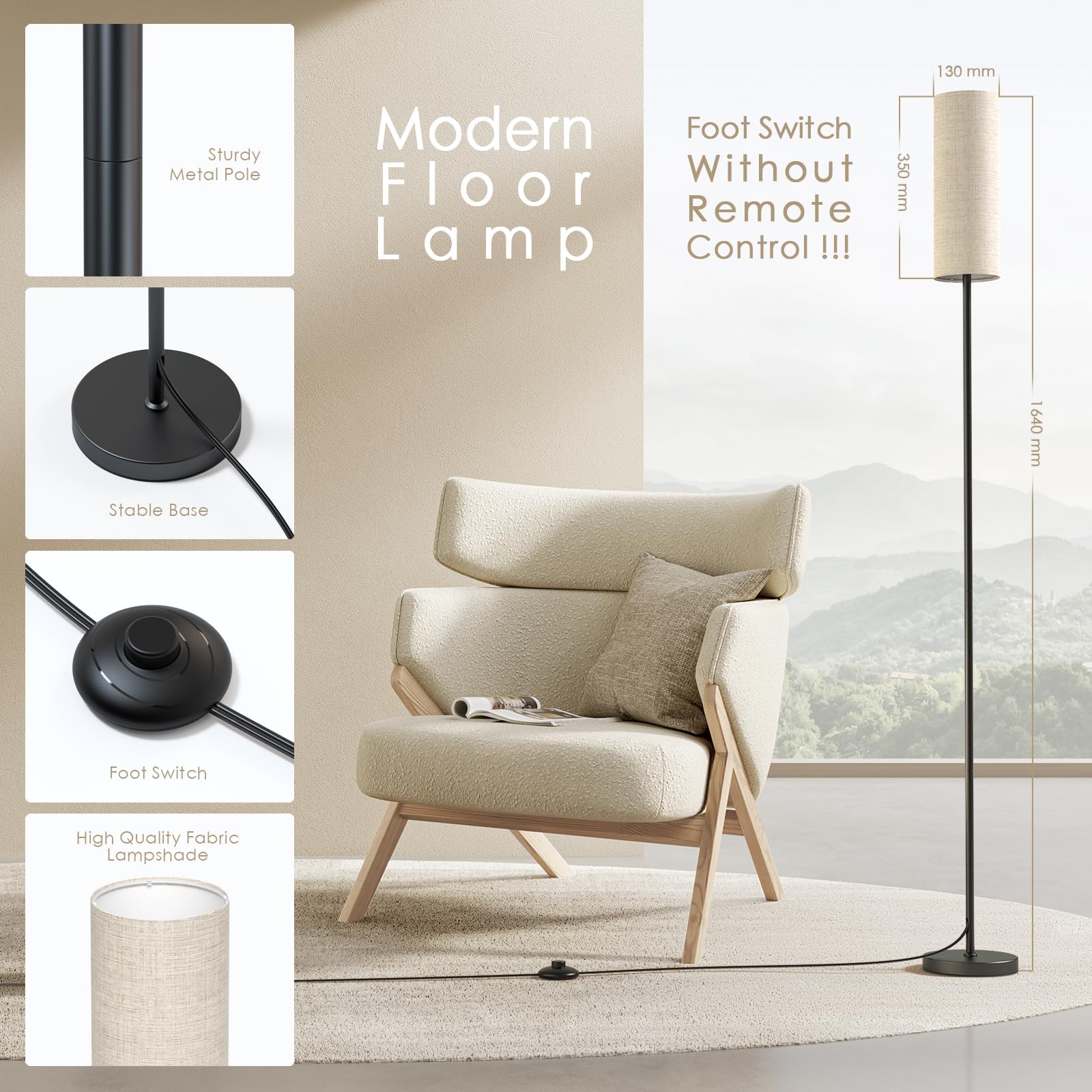 Lithomy Dimmable Floor Lamp - Modern 3 Color Temperatures, Industrial Design For Living Room, Beige