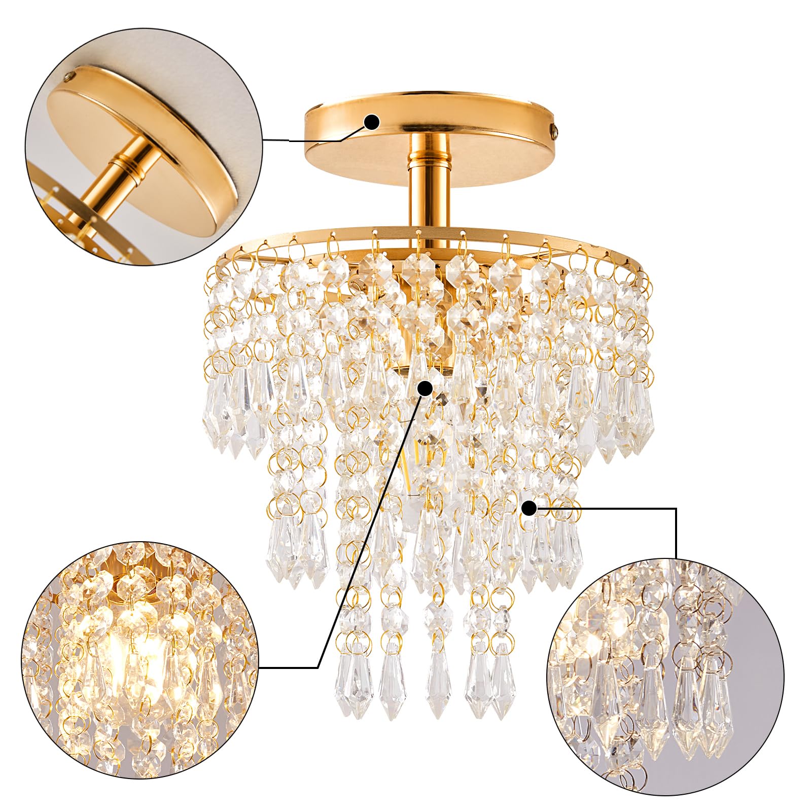 Modern Mini Crystal Chandelier, 3-Tier Raindrops Design Small Chandelier Light Fixture, Flush Mount Ceiling Light Fixture For Bedroom, Hallway, Living Room - E26 Base, Chandelier For Bedroom (Gold)