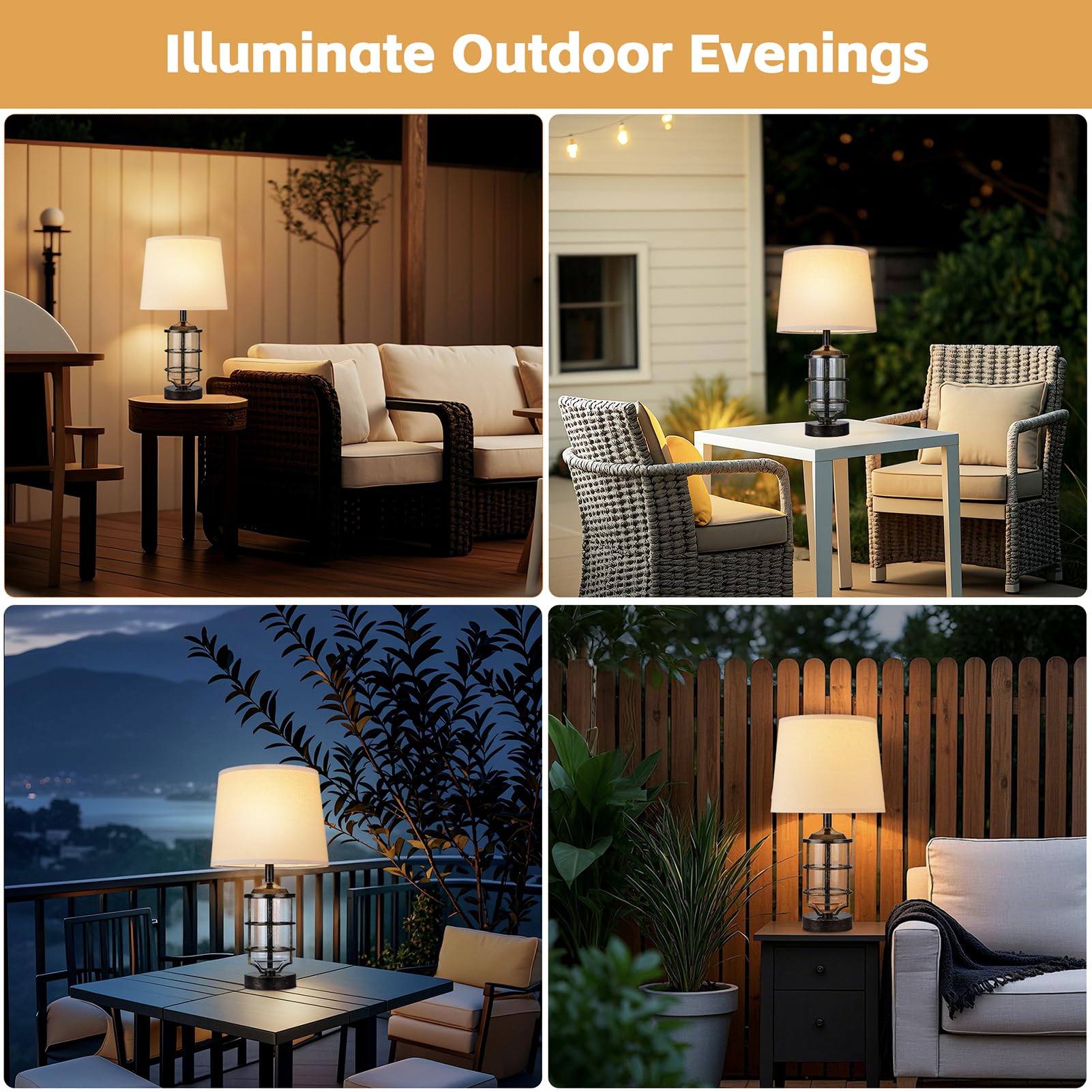 Outdoor Table Lamp, Farmhouse Lamp for Patio Table Decor with Cord, Rustic Table Light with Seeded Glass, 23.5  Plug-in Outdoor