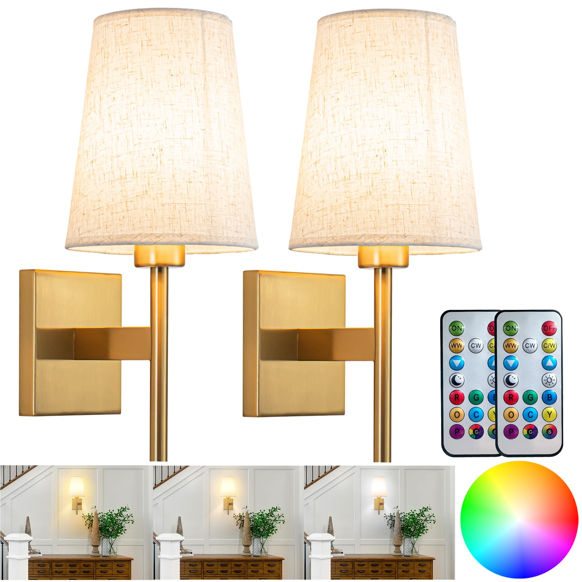 Yhcdlamp Battery Operated Wall Sconces Set Of Two,Battery Operated Wall Lights With Remote, Fabric Rgb Color Changing Dimmable Wall Lamp For Bedroom Living Room, Easy To Install (Color : Brass)