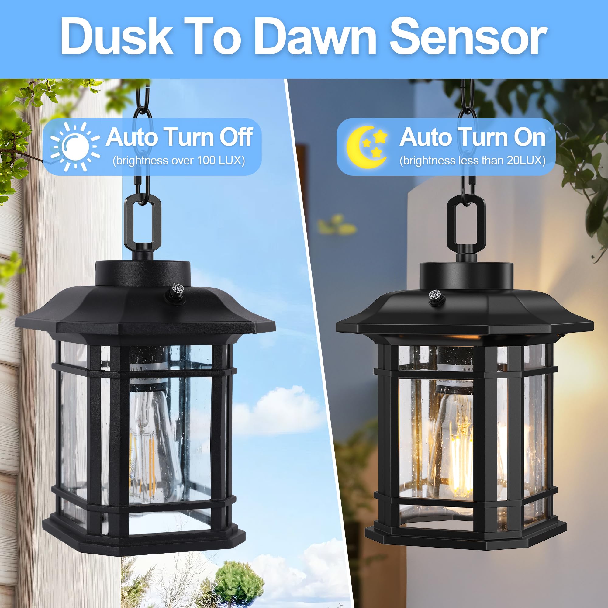 WIHTU Dusk to Dawn Outdoor Pendant Light, Black Aluminum Hanging Fixture, Adjustable Chain, Model WTCL085AB1, Ideal for Porch and Patio