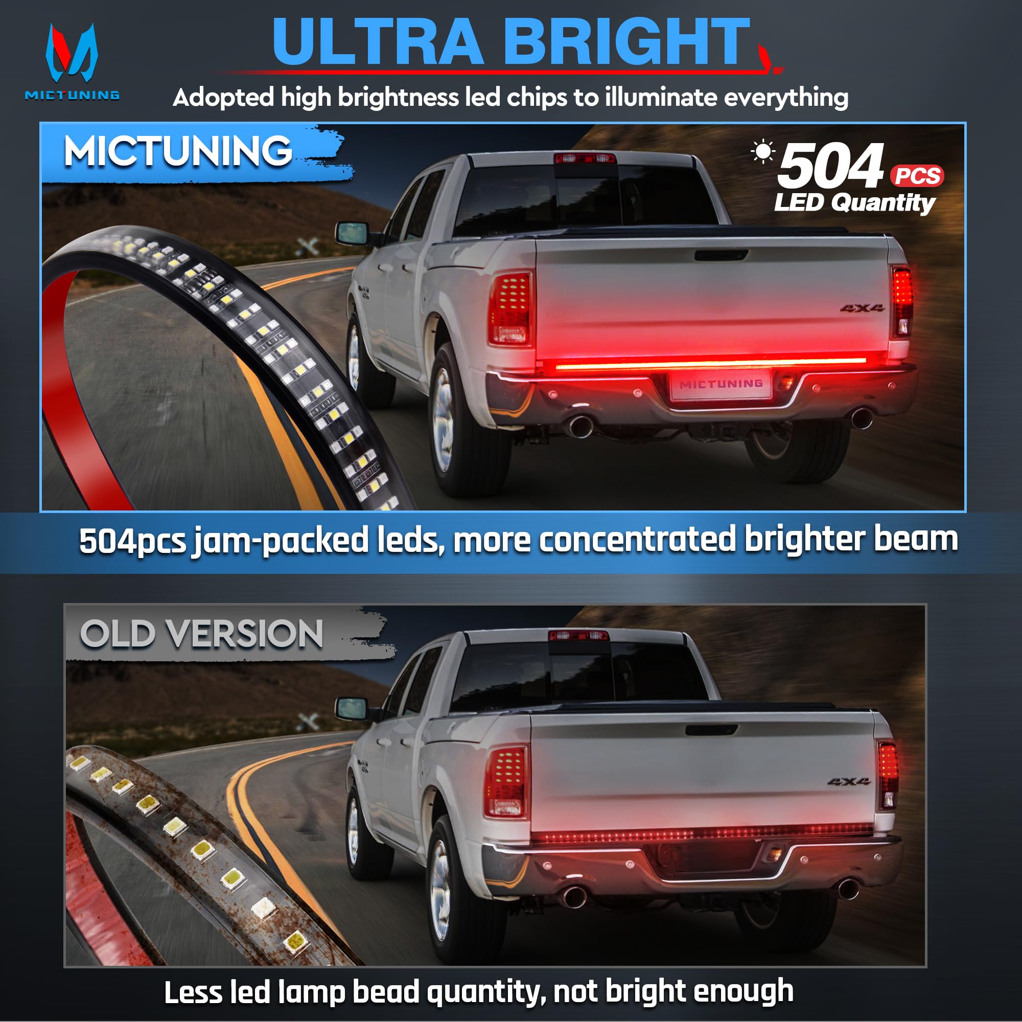 MICTUNING 60" Red Sequential LED Turn Signal & Brake Lamp, Waterproof Tailgate Strip Light, Model MIC-TLS-738, 504 LEDs