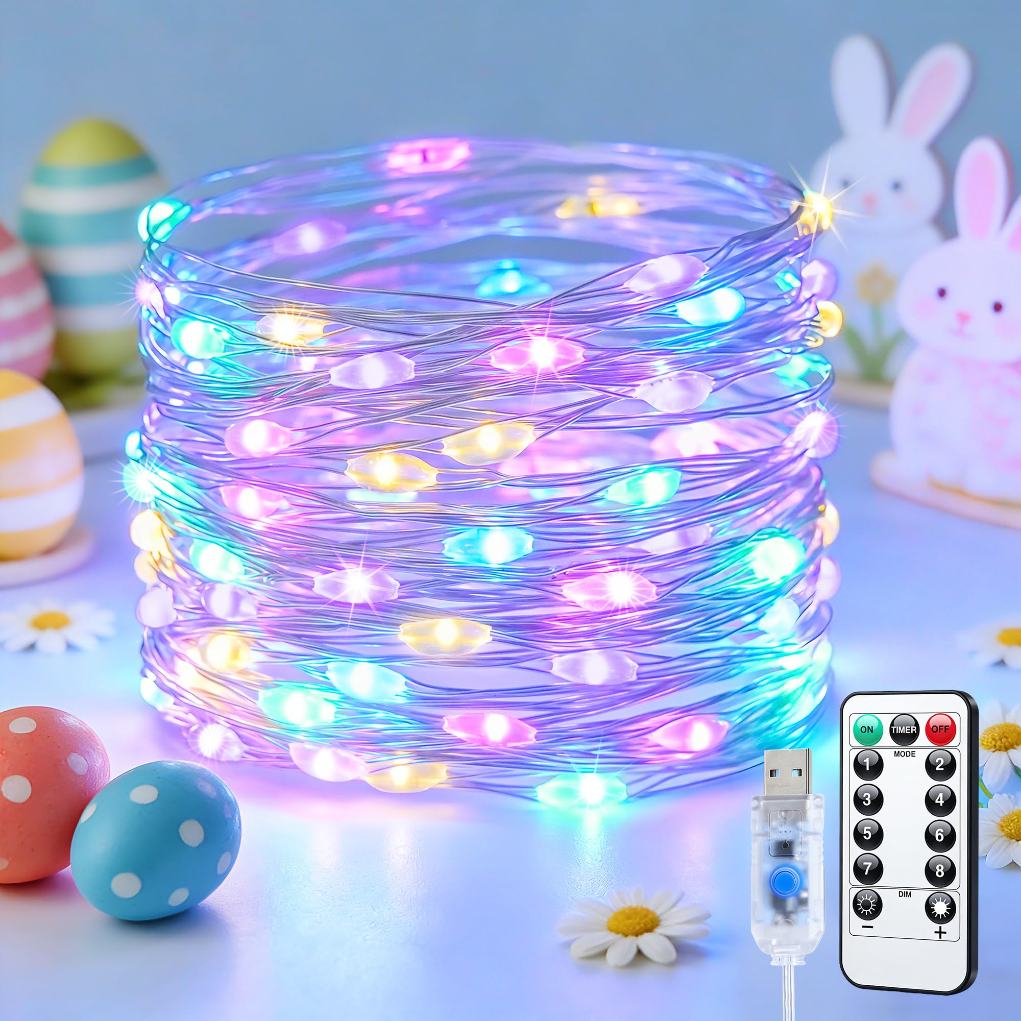 JMEXSUSS 100 LED USB Easter Lights Plug in, Pastel Fairy Lights with Timer for Outdoor & Indoor, Twinkle Lights for Bedroom Girl