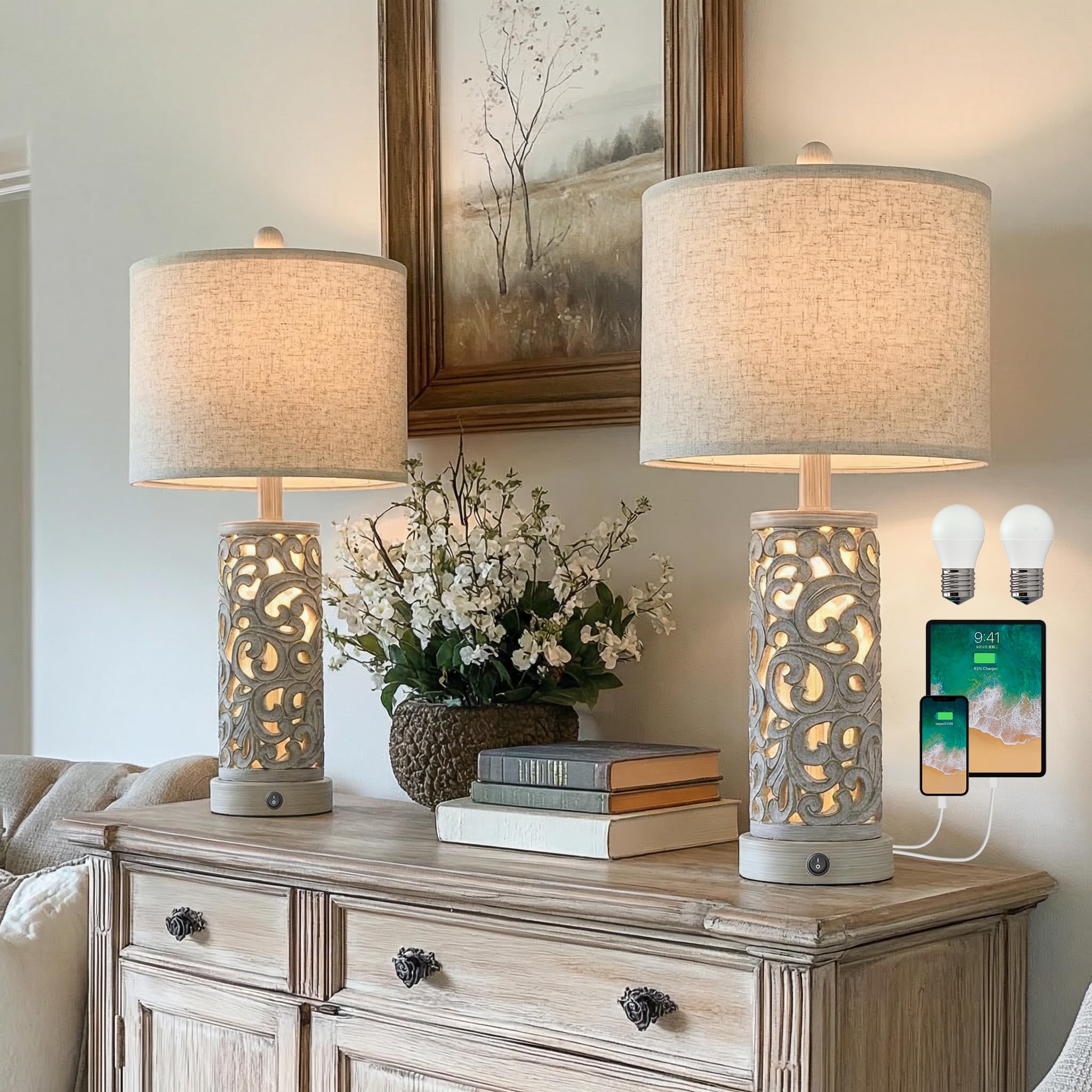 OYEARS Bedside Table Lamps Set of 2 with USB & Night Light  22 Farmhouse Bedroom Lamps for Nightstand  Vintage Table Lamps for Bedroom Living Room Home Offce (Bulb Included)