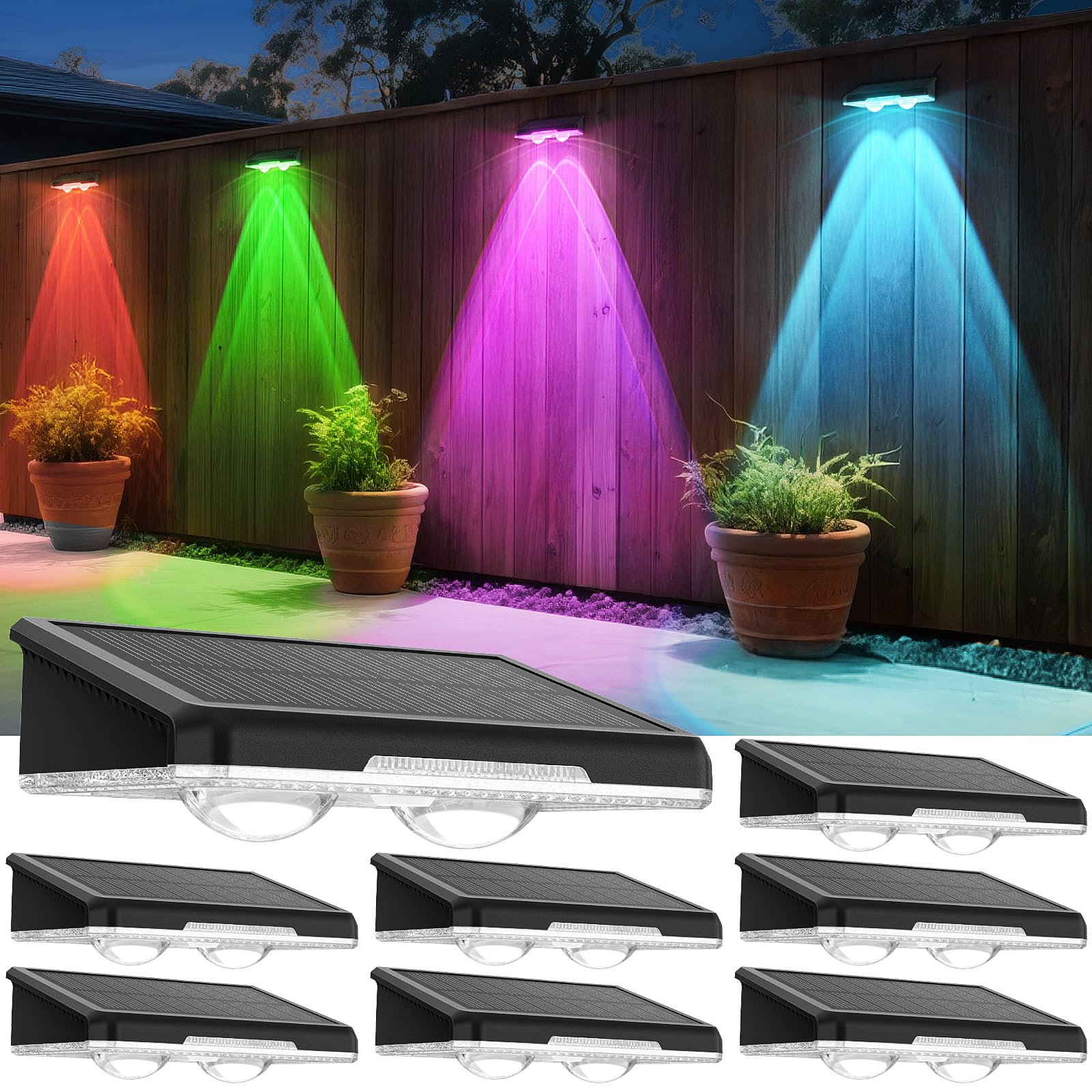 Apilab Solar Fence Lights Outdoor 8 Pack - 8 Modes (Rgb Cycle/Fixed)  Fence Lights Solar Powered For Outside  Ip65 Waterproof  Deck Lighting For Wall  Step  Patio  Pathway  Stairs