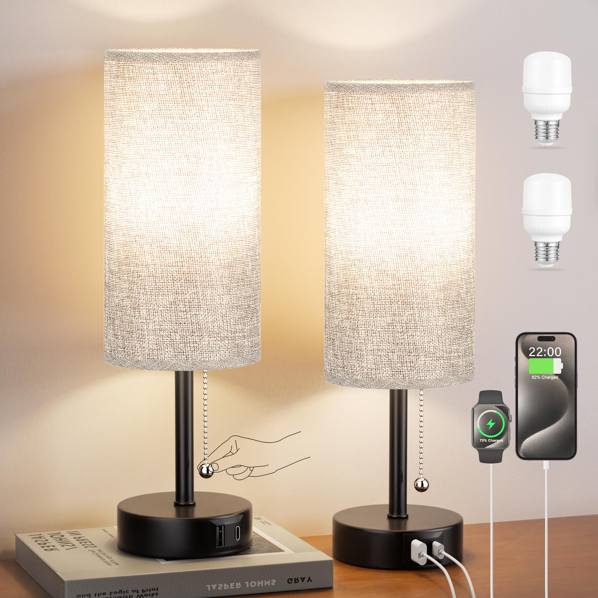 Grey Bedside Lamps for Bedroom Set of 2 - Nightstand Table Lamp with USB A + C Charging Port, 3 Color Temperatures Pull Chain Ni