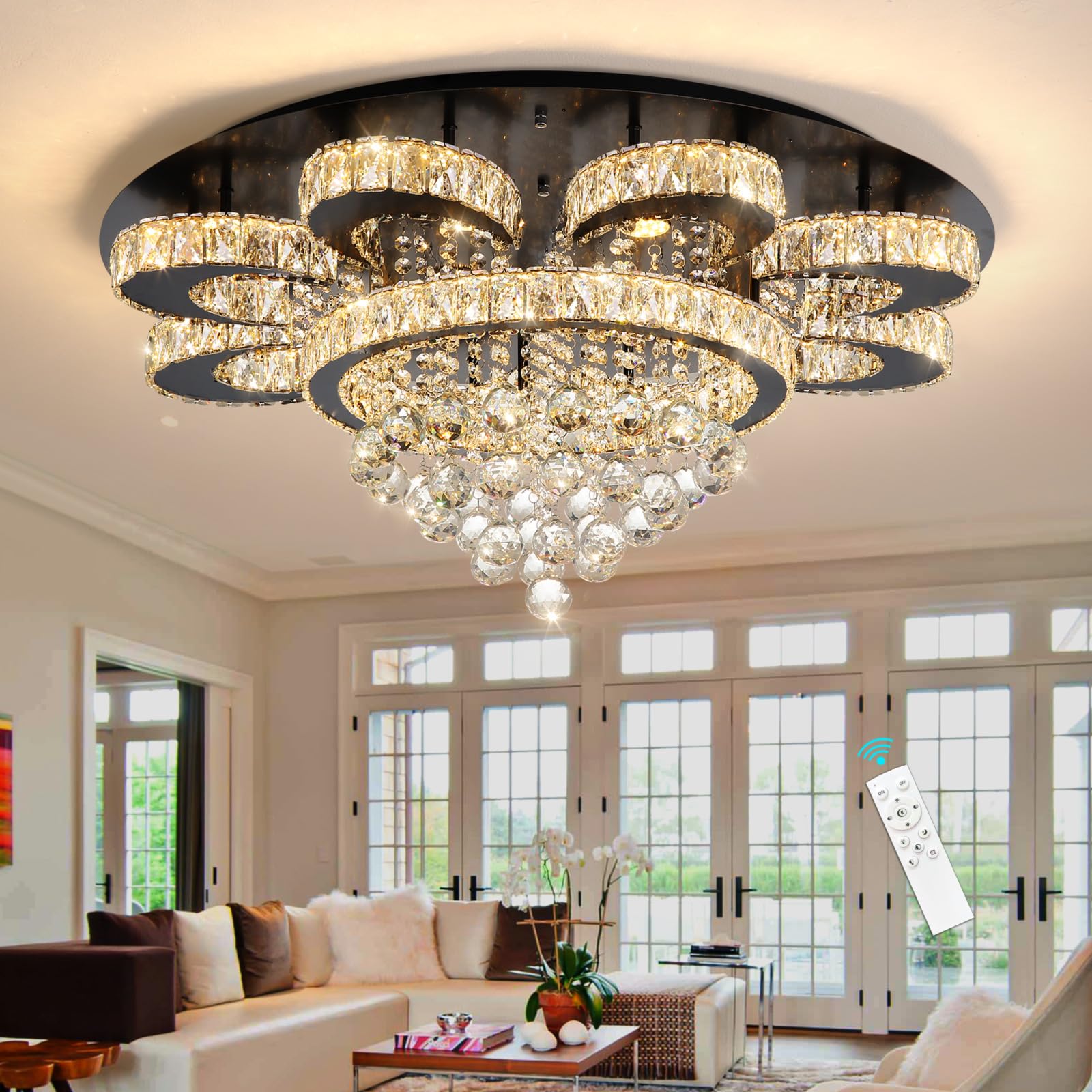 HAIXIANG Modern Chandelier Living Room Glam Chandeliers Ceiling Light Fixture Remote Dimmable Lights 32 Inches Elegant Crystal Black Light