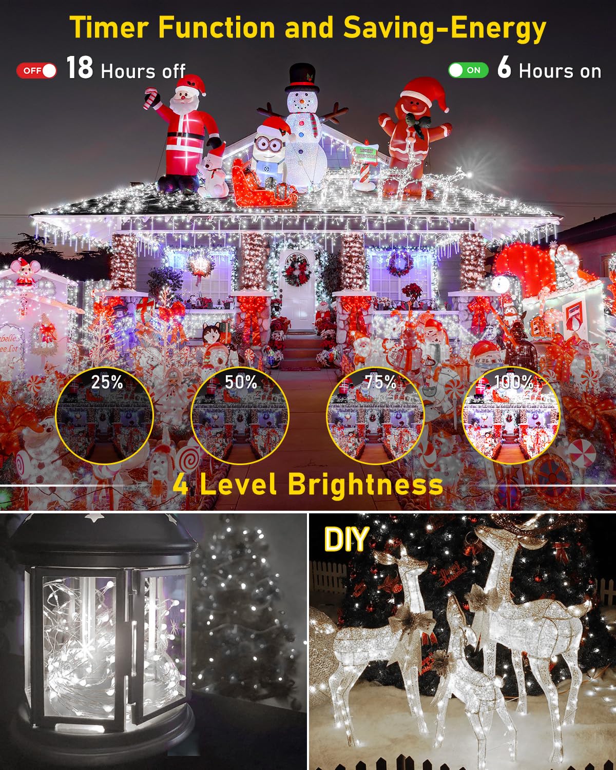 KNONEW 600 LED Outdoor Fairy Lights, 203FT Green Wire, Waterproof, 8 Modes, Cool White, Model 68KN-168LIG-NIU