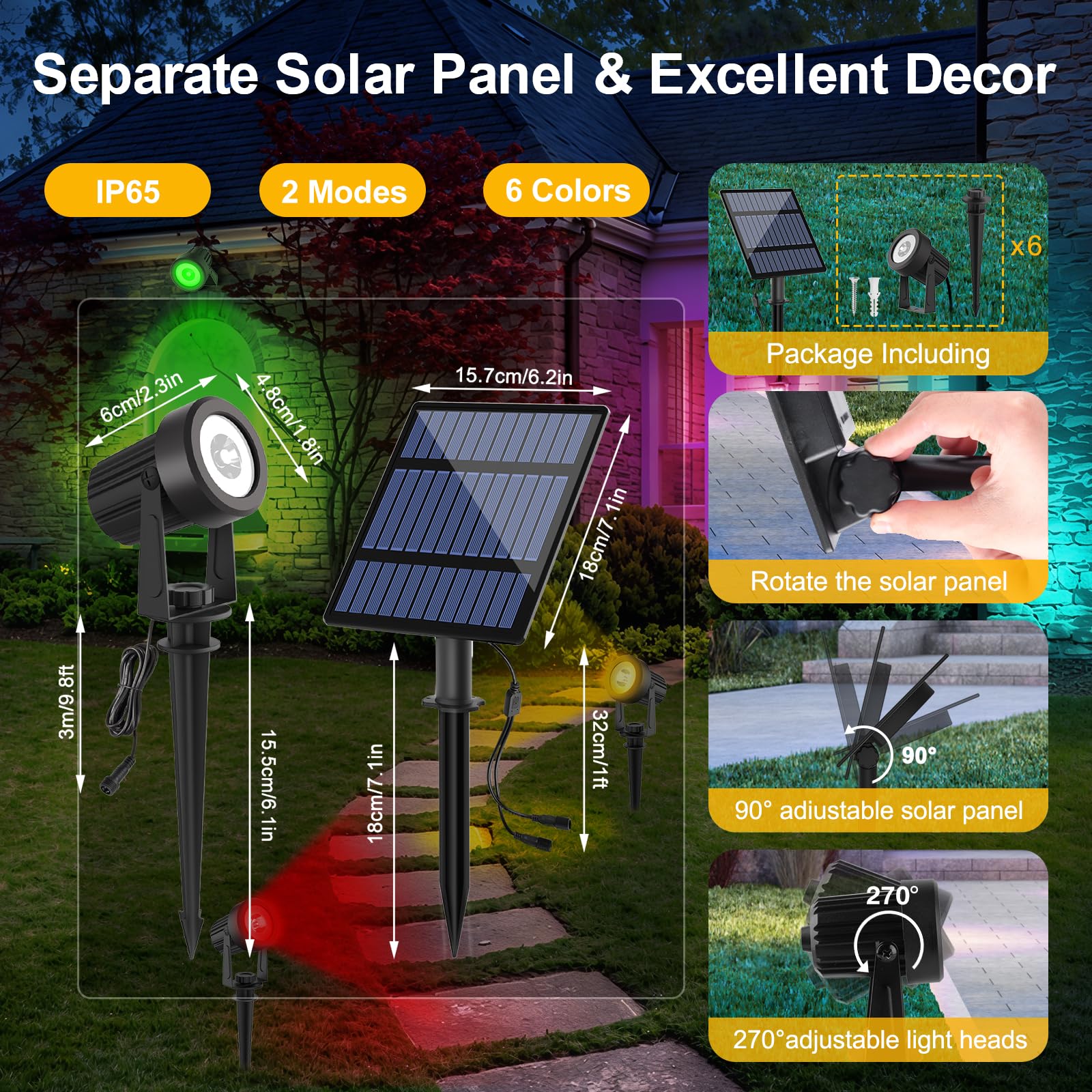 T-Sunus Solar Spot Lights Outdoor Color Changing 6-In-1, Solar Landscape Spotlights Rgb Lighting Waterproof Ip65 Wall Lamp 9.8Ft