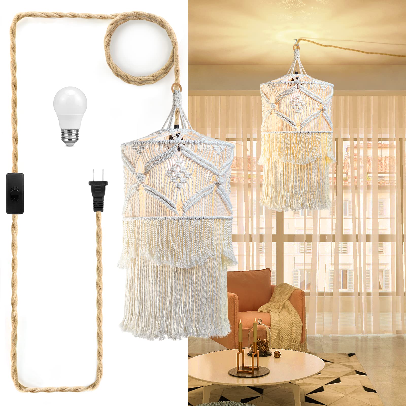 Boho Plug In Pendant Light, 15Ft Hanging Lights With Plug In Cord, Pendant Lights With Handmade Macrame Lamp Shade, Hemp Rope Cord And On/Off Switch, Hanging Lamp For Boho Bedroom Decor Living Room