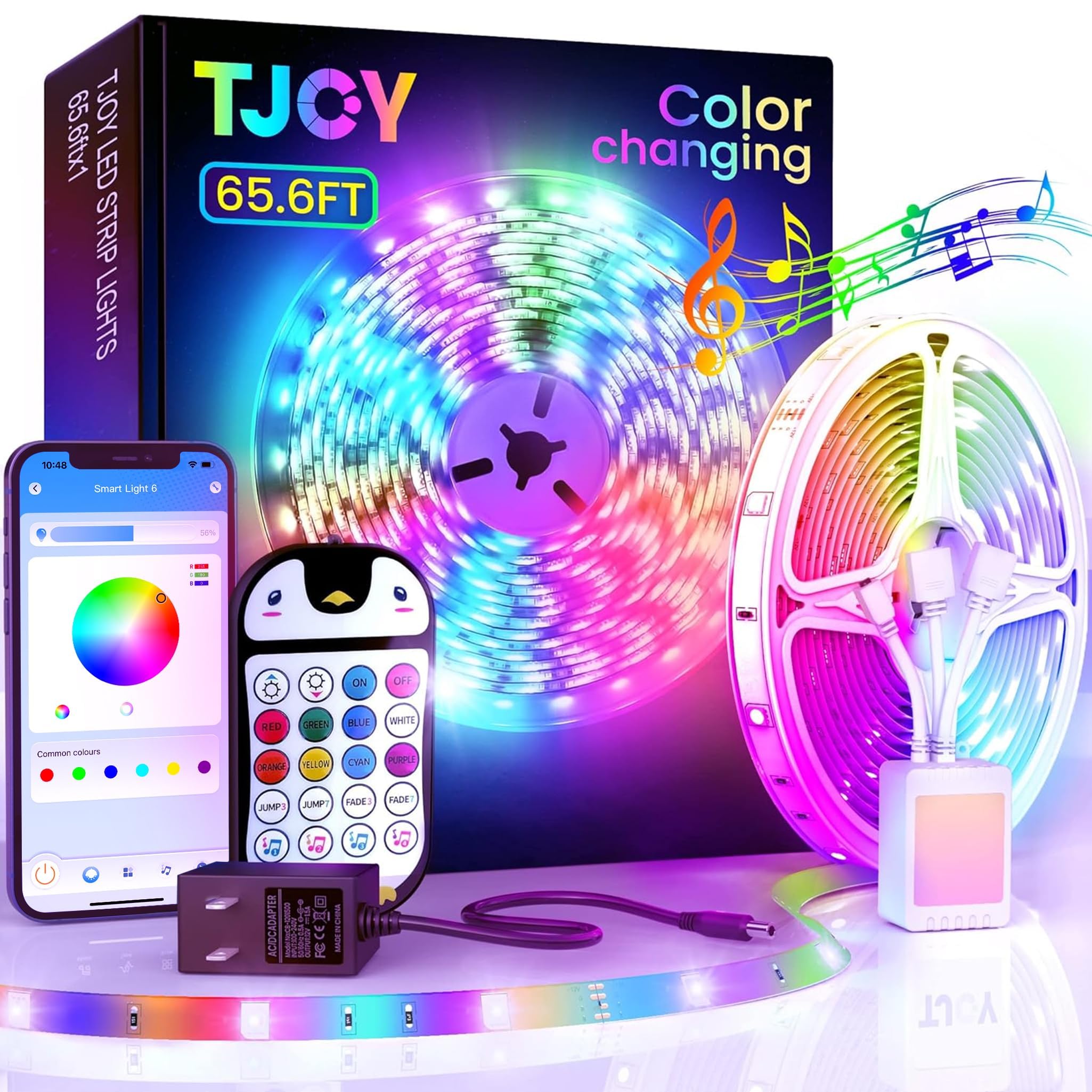 Tjoy 65.6Ft Kids Bluetooth Led Strip Lights, Music Sync Tape Lighting Rgb Color Changing Lighting With Penguin Style Remote, App