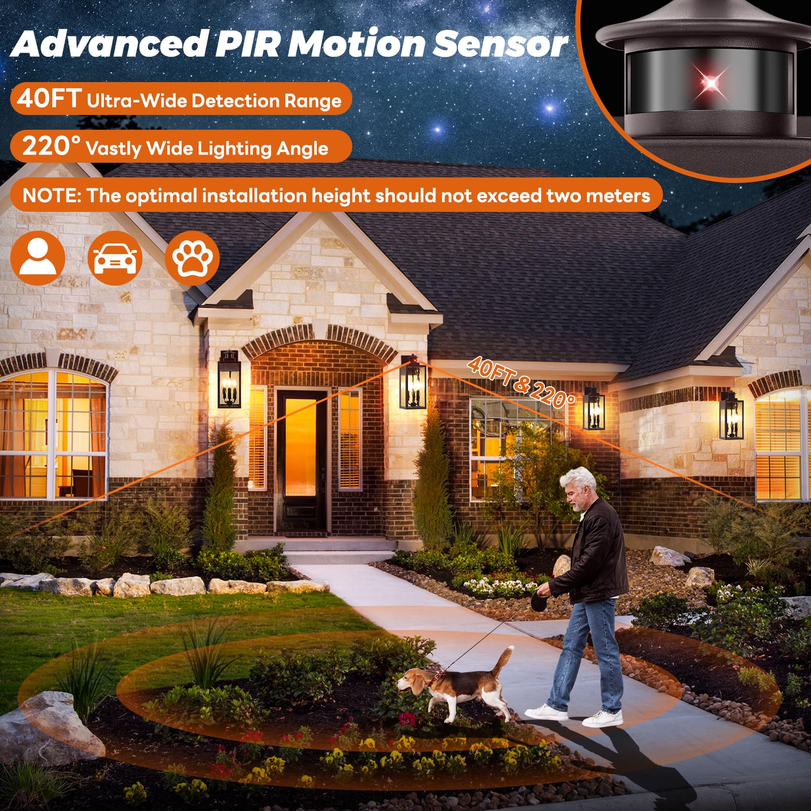3-Light Motion Sensor Outdoor Wall Light, Waterproof Exterior Wall Sconce Light Fixture With Water-Rippled Glass, Dusk To Dawn B