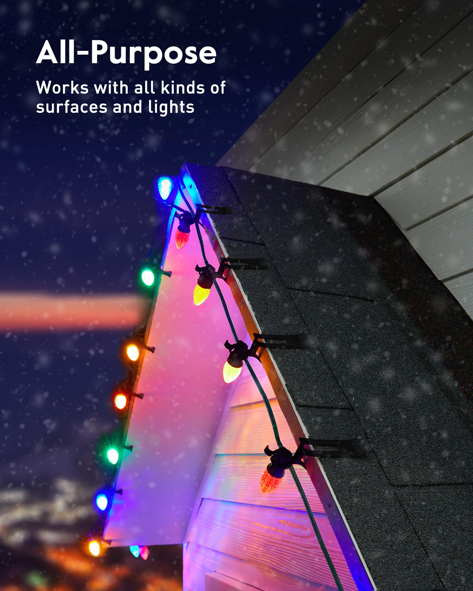 Universal Christmas Lights Shingle Clips, 100 Count All In One Gutter Clips, Shatterproof All Purpose Shingle Clips For C7/E12, C9/E17, Mini String Lights, Rope Lights, Christmas Decorations, Black