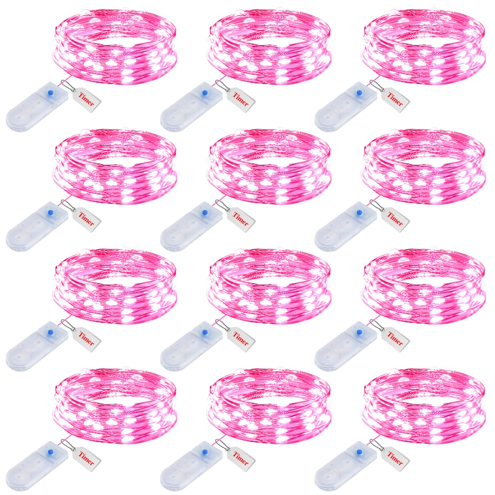 Minetom 12 Pack Fairy Lights Battery Operated String Lights with Timer - 7ft 20 LED Waterproof Silver Wire Firefly Lights for Valentine’s Day Decor DIY Crafts Wedding Table Centerpieces, Pink