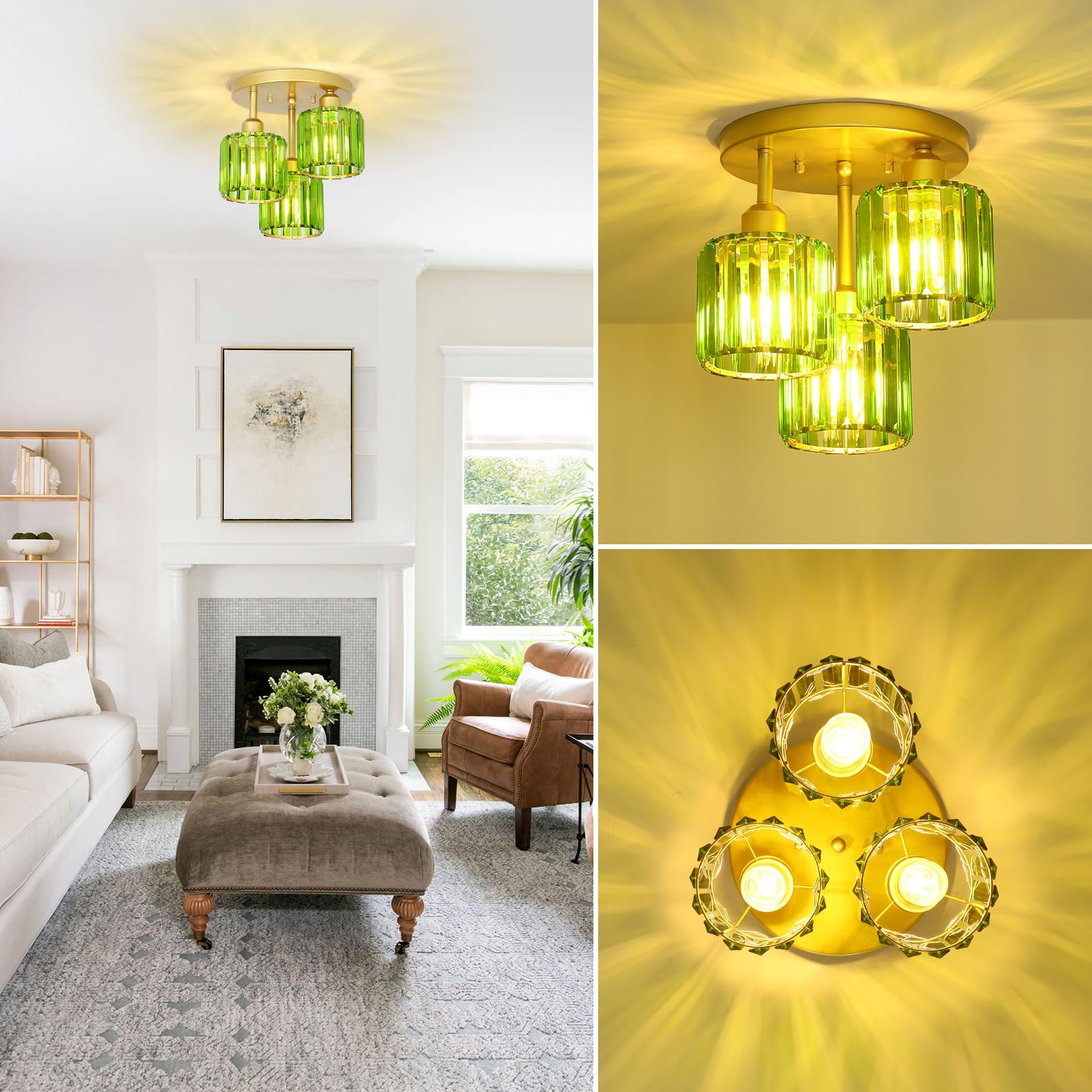 PAUFUL 3-Light Semi Flush Mount Ceiling Light, Green Crystal Shades, Model 250617A1