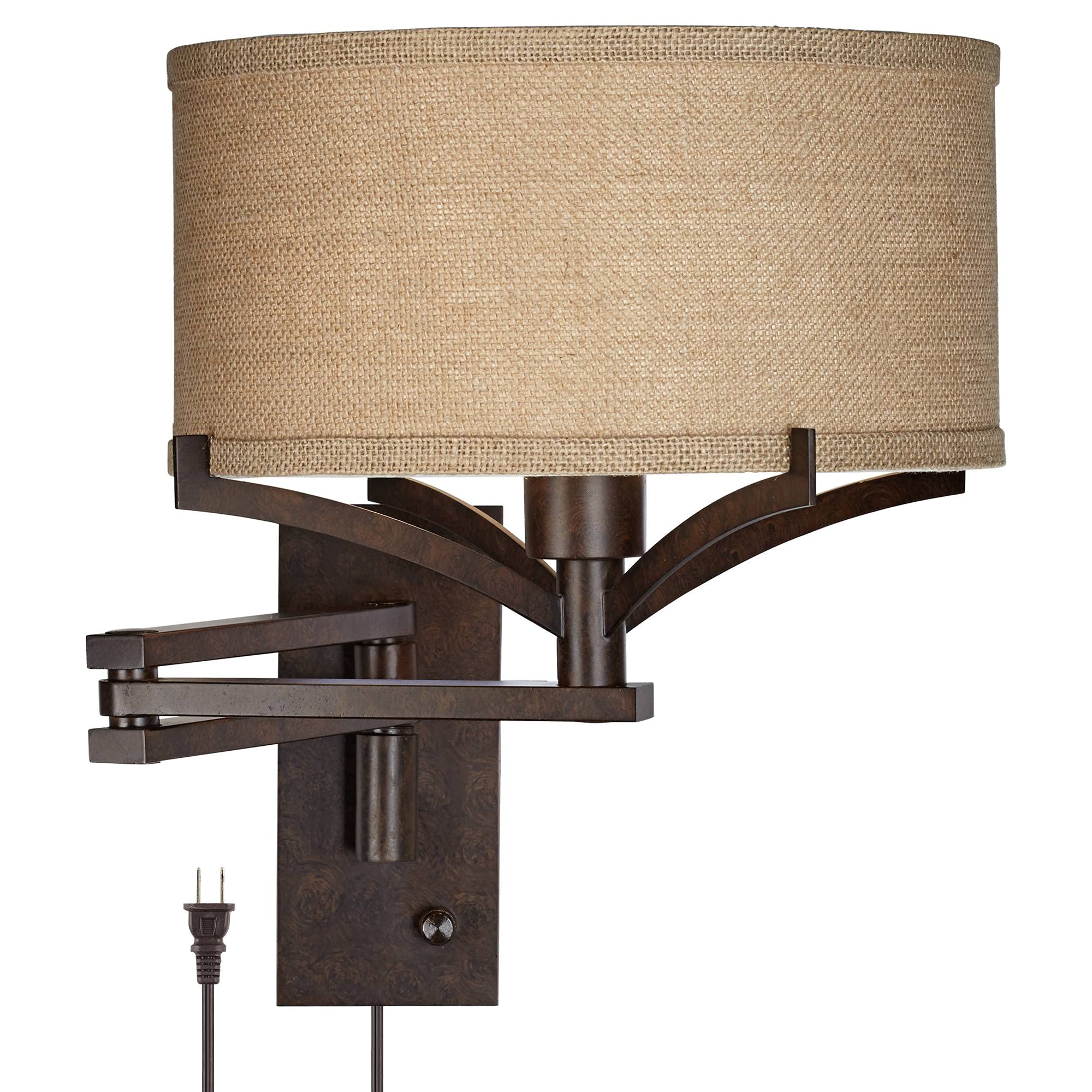 Franklin Iron Works Tremont Rustic Farmhouse Swing Arm Wall Lamp Bronze Plug-in Light Fixture Dimmable Tan Burlap Drum Shade for