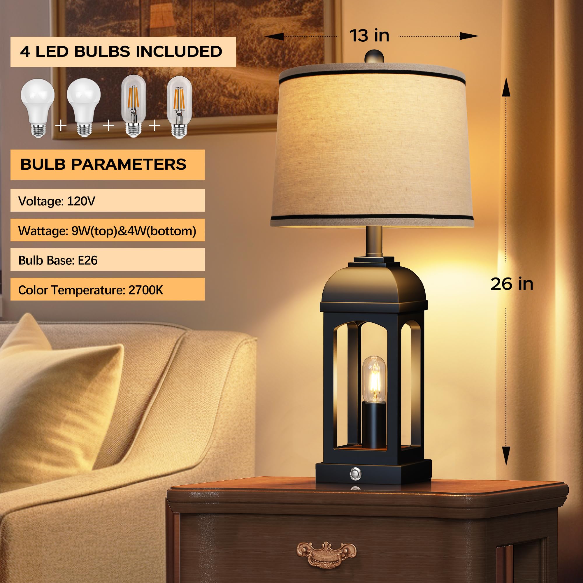 QiMH Table Lamp Set of 2, 26in Rustic Black Lamps with USB A+C, 3-Way Dimmable Touch Control, Nightlight for Living Room Decor
