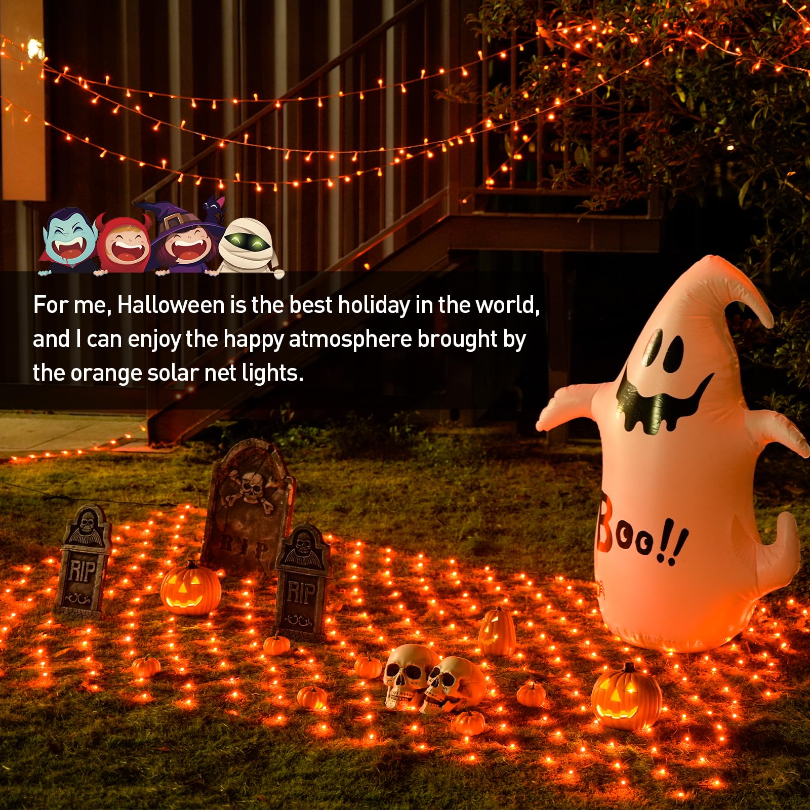 JMEXSUSS Solar Halloween Lights, 320 LED Orange Net Lights, 9.8ft x 6.6ft, Waterproof, 8 Modes Remote for Outdoor Decorations