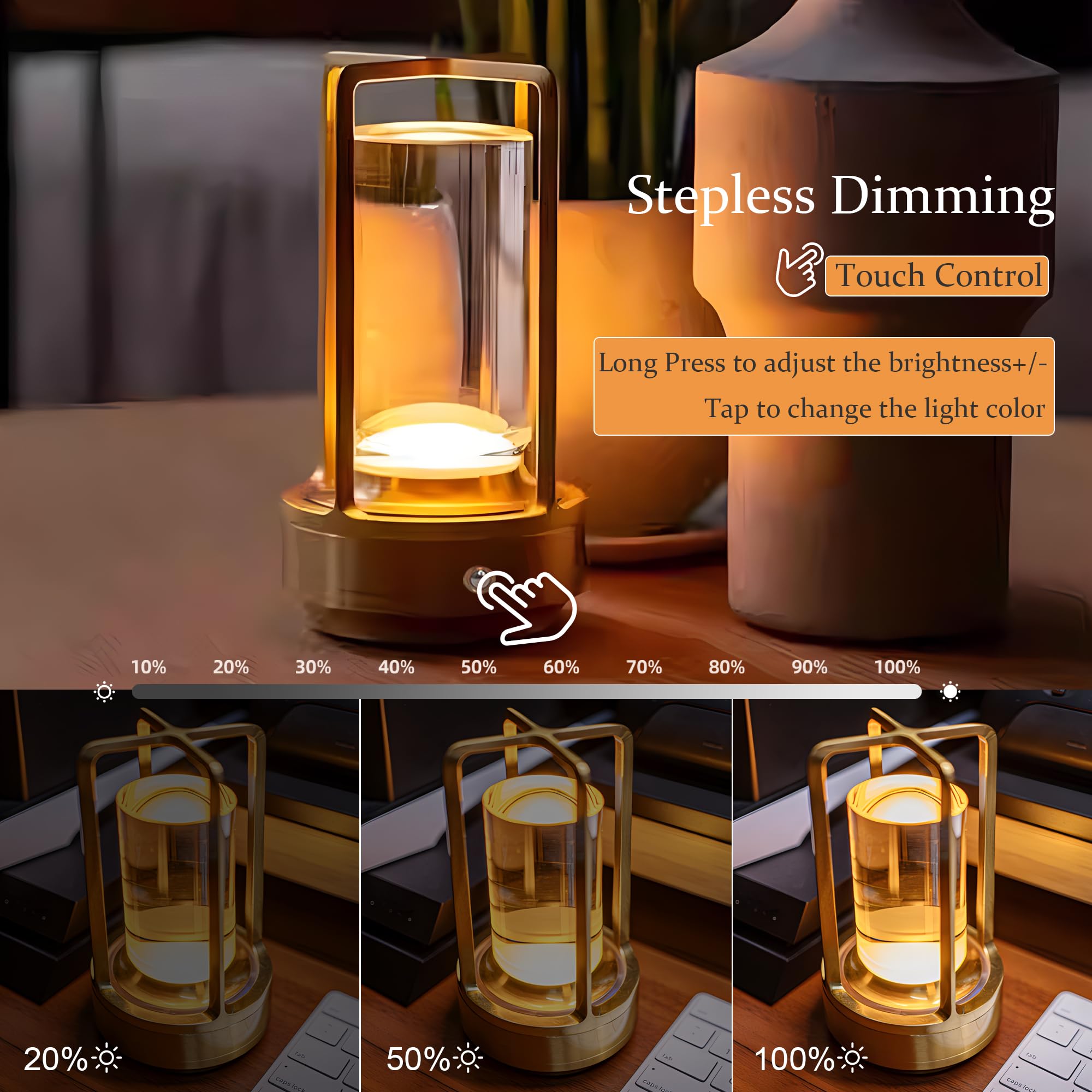 Etosec Portable Metal Table Lamp, Rechargeable, Touch Control, 3 Color Dimming, 3.54in W x 7.09in H, Gold, Model: crystallamp-