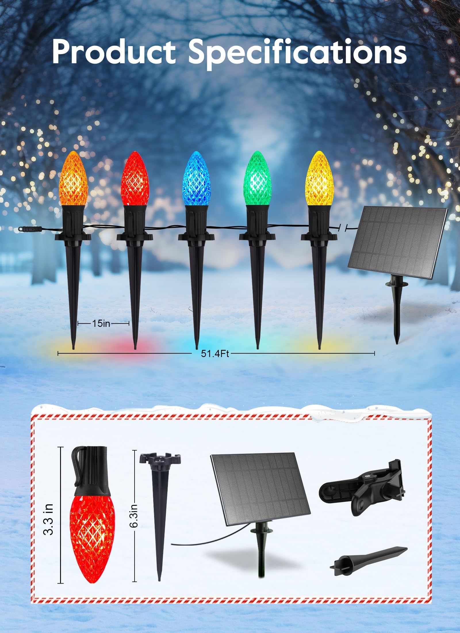 Brightown Solar C9 LED Christmas Lights, 40 Faceted Bulbs, 50Ft, Waterproof, Multicolor