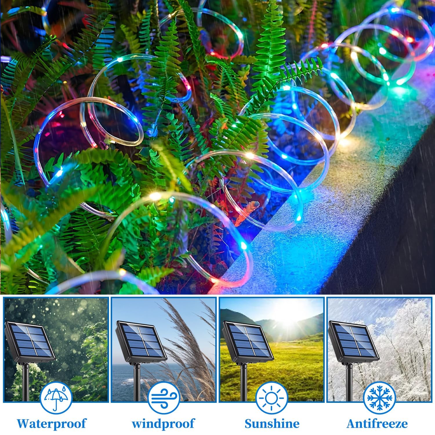 ANJAYLIA Solar Rope Lights, 33FT 100 LED Waterproof, Multicolor, 8 Modes, Plastic, Model MCQZD100