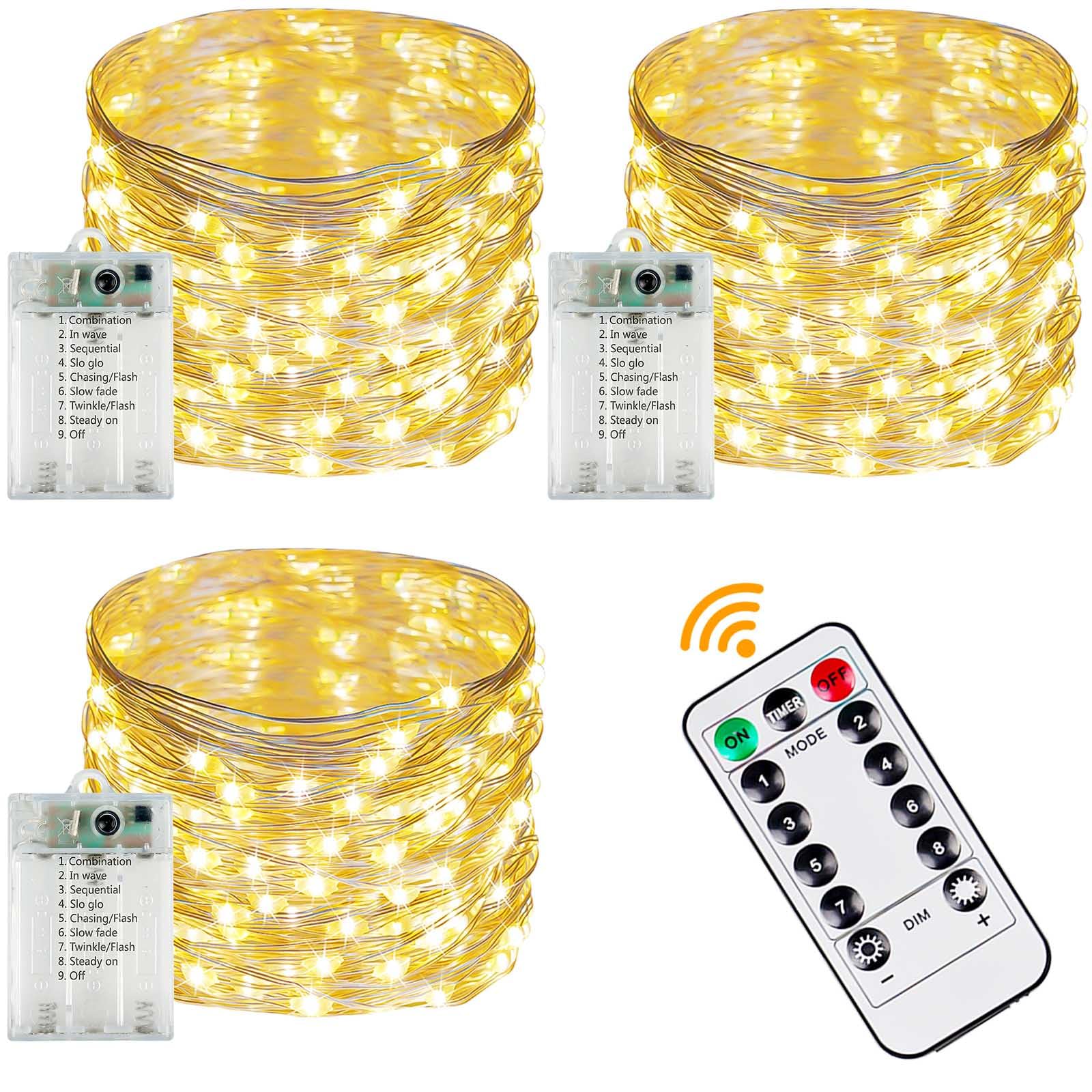 YIQU 3-Pack 78FT 240 LED Fairy Lights, Warm White, Battery Operated with Timer & Remote, Waterproof, 8 Modes for Indoor/Outdoor Use