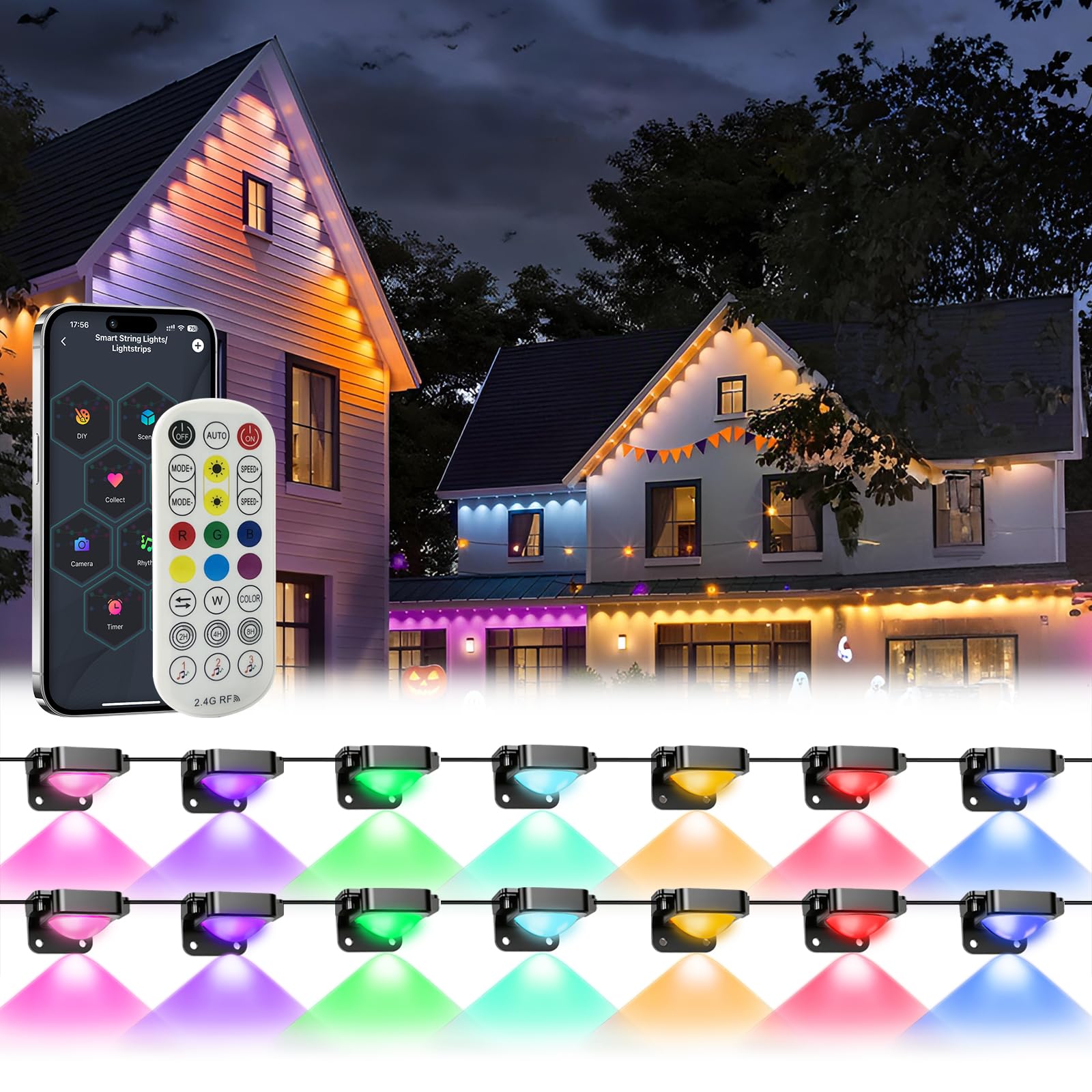 MIMIRGB RGB Outdoor Lights Pro, 100ft with 60 LEDs, IP67 Waterproof, Remote/App Control, Black, Model JG-001W-10