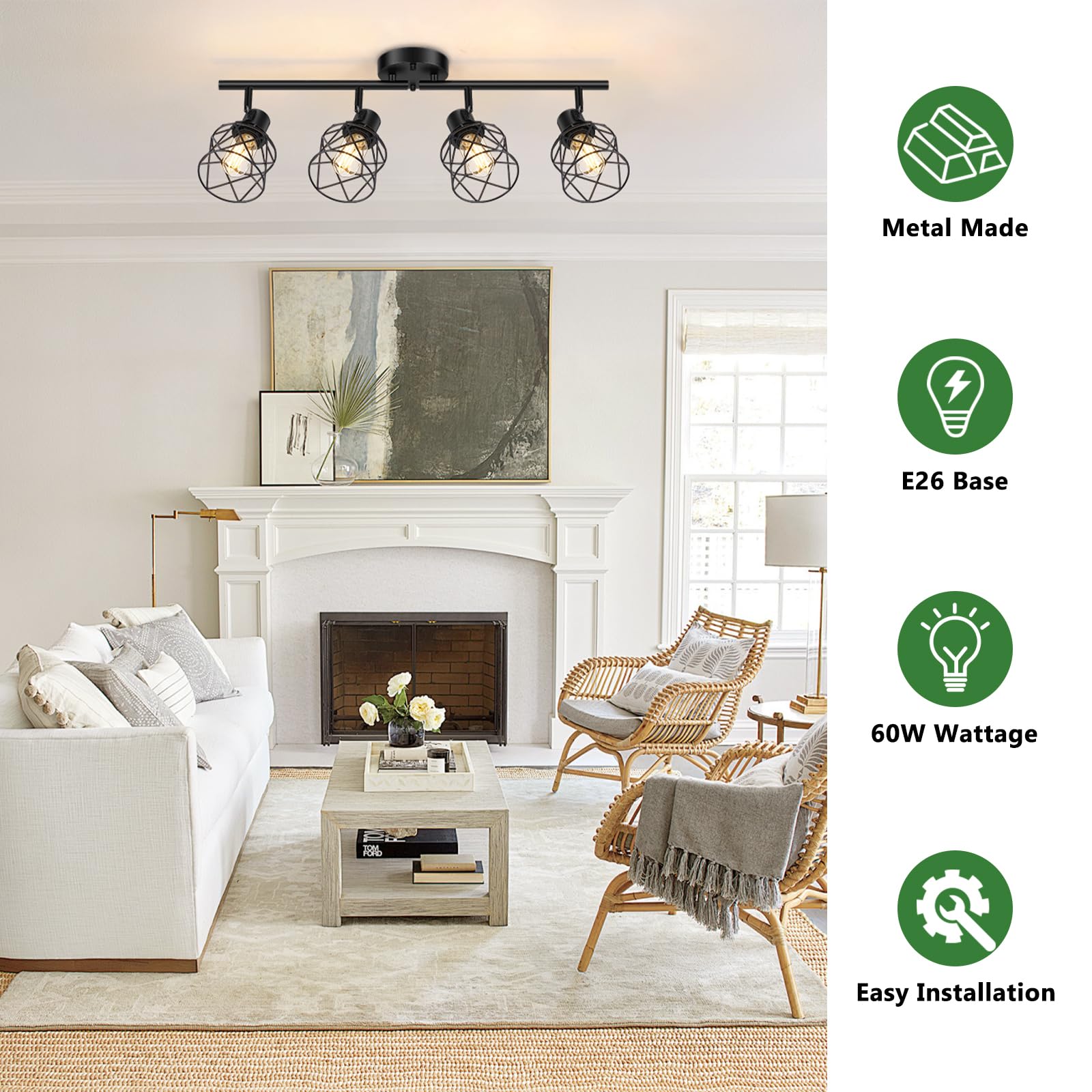 Baocuz 4-Lights Semi Flush Mount Ceiling Light, Adjustable Metal Cage Fixtures, Black, Model BTCL-4 for Dining & Living Room