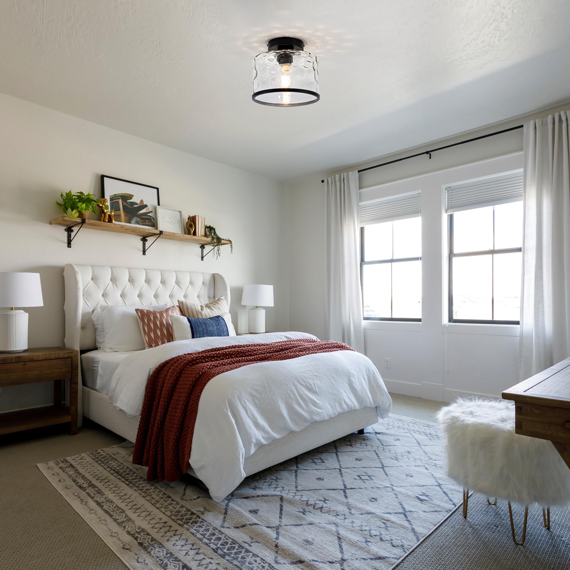 Zlepmlla Industrial Semi Flush Mount Ceiling Light Clear Hammered Glass Ceiling Light Fixture, Modern Lighting For Hallway Porch Kitchen Bathroom Bedroom < Bulb Not Included >