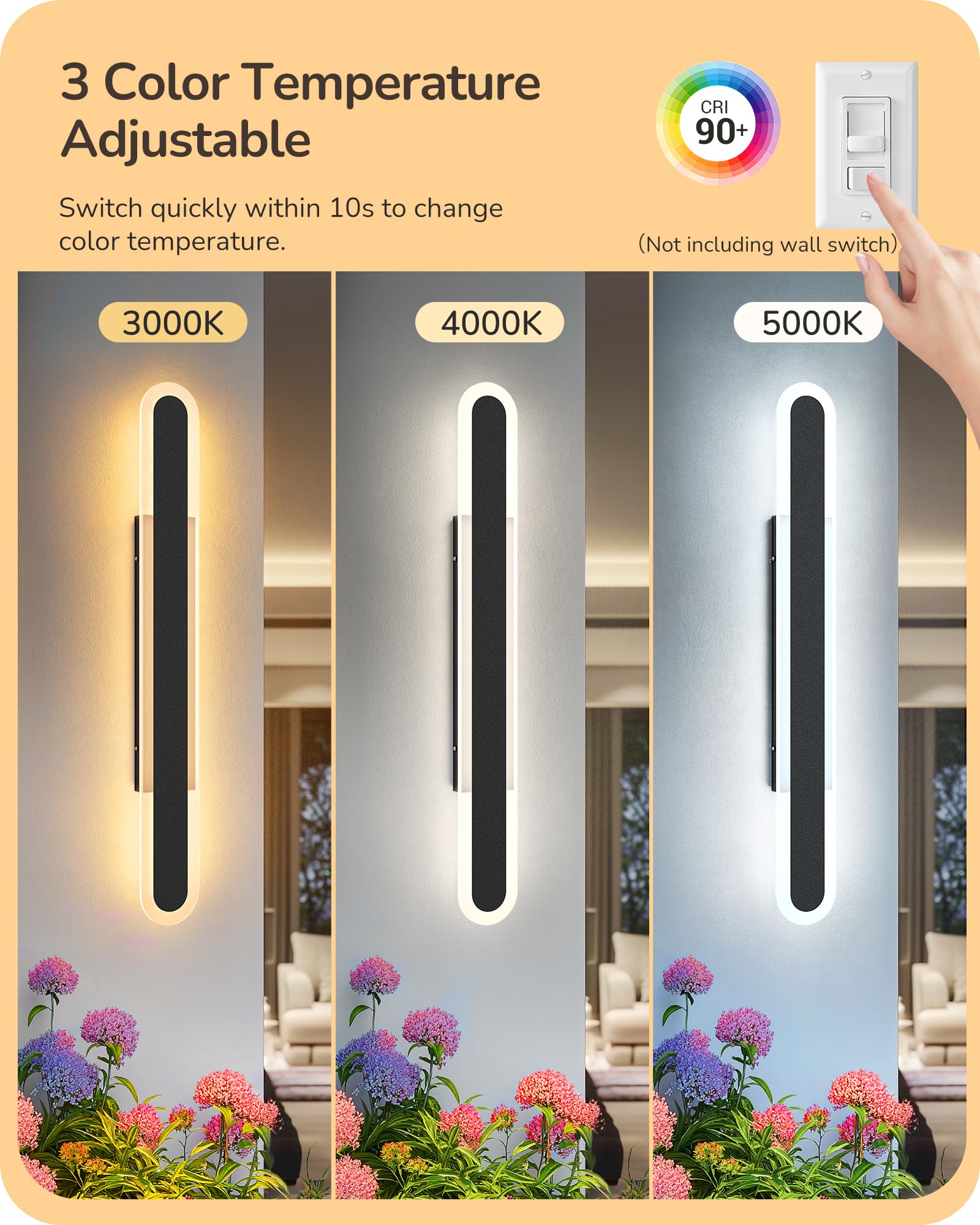 EDISHINE LED Outdoor Wall Lights, Dimmable, IP65 Waterproof, 39.4in, Black, Model HOWL22Q
