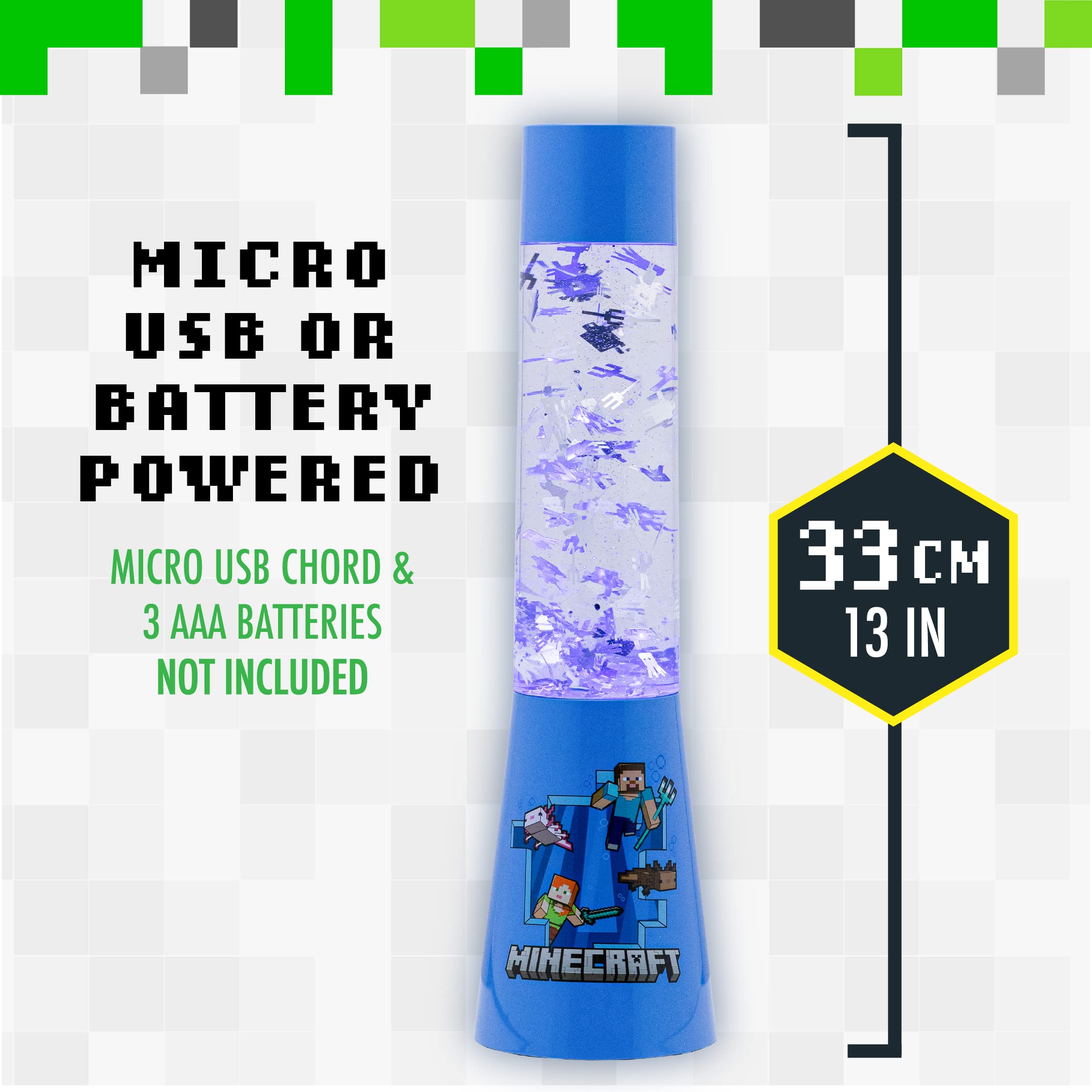 Paladone Minecraft Glitter Flow Lamp - Official Night Light, 33 cm, Kids Room Décor, Model PP10069MCF