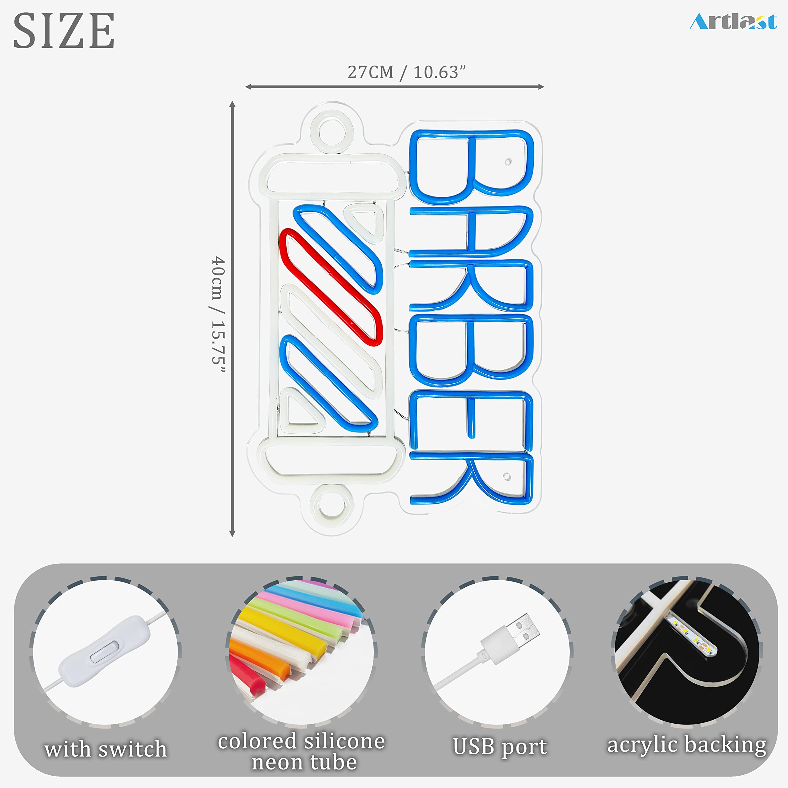 Artlast LED Neon Barber Sign for Hair Salons, Acrylic Wall Decor, Model Barber, Color: 1. Barber, Ideal for Businesses and Gifts