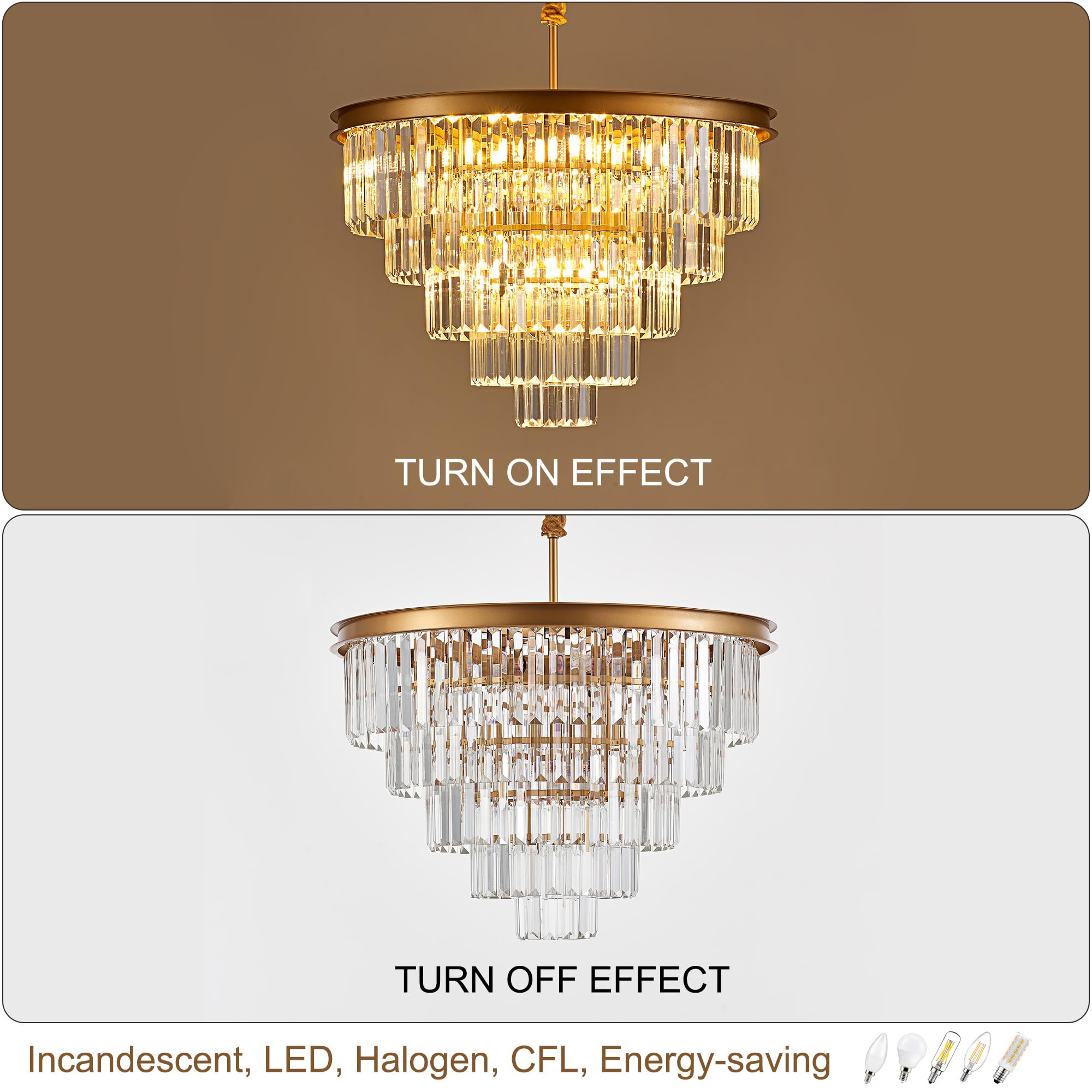 Faibra 12-Light Gold Crystal Chandelier, 23.23" Modern Pendant Light Fixture, 5-Tier Luxury K9 Crystal for Dining Room & Living Room