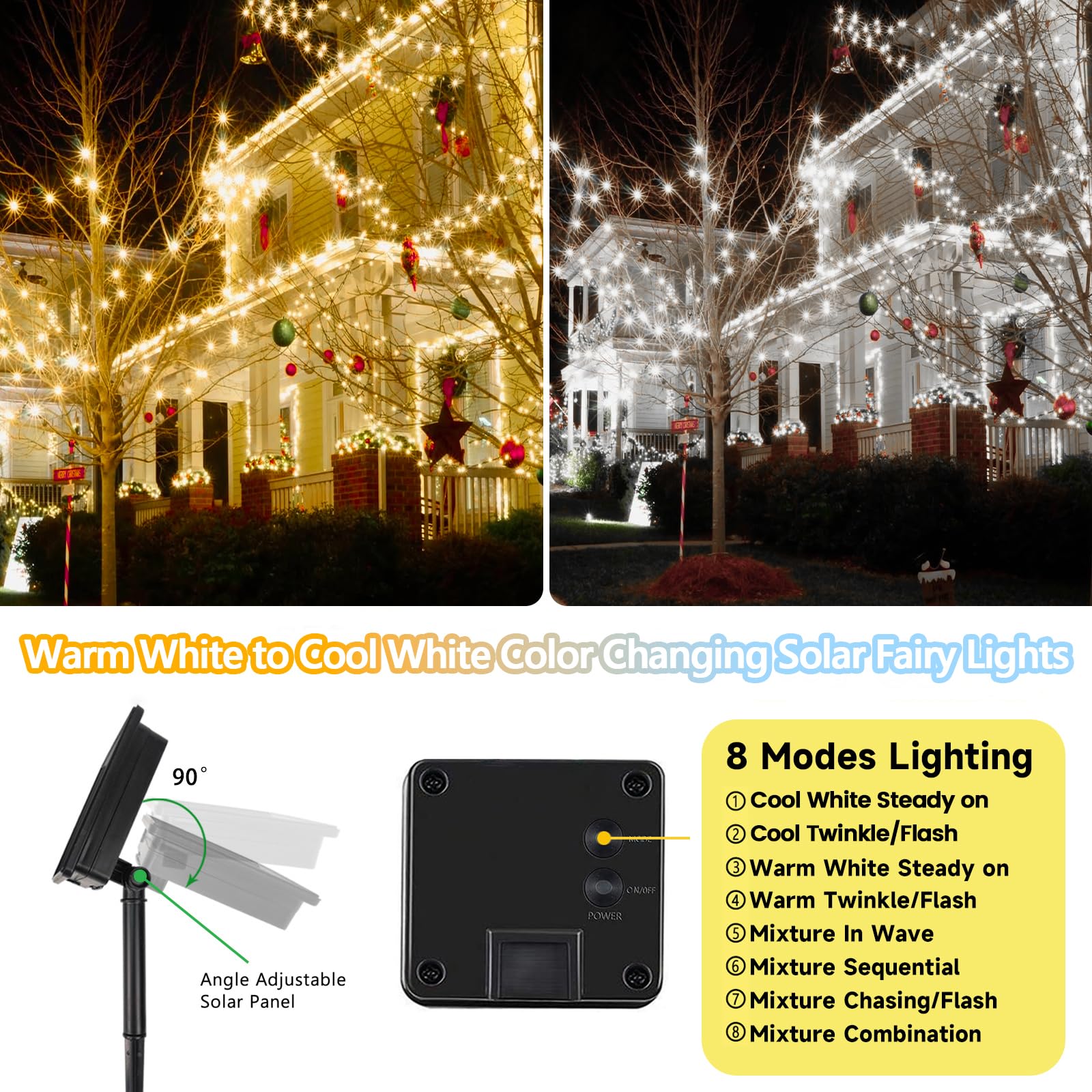 SANJICHA Solar String Lights, 400LED Warm White to Cool White, Waterproof Copper Wire, 8 Modes, 2 Pack, Model SYJSSL