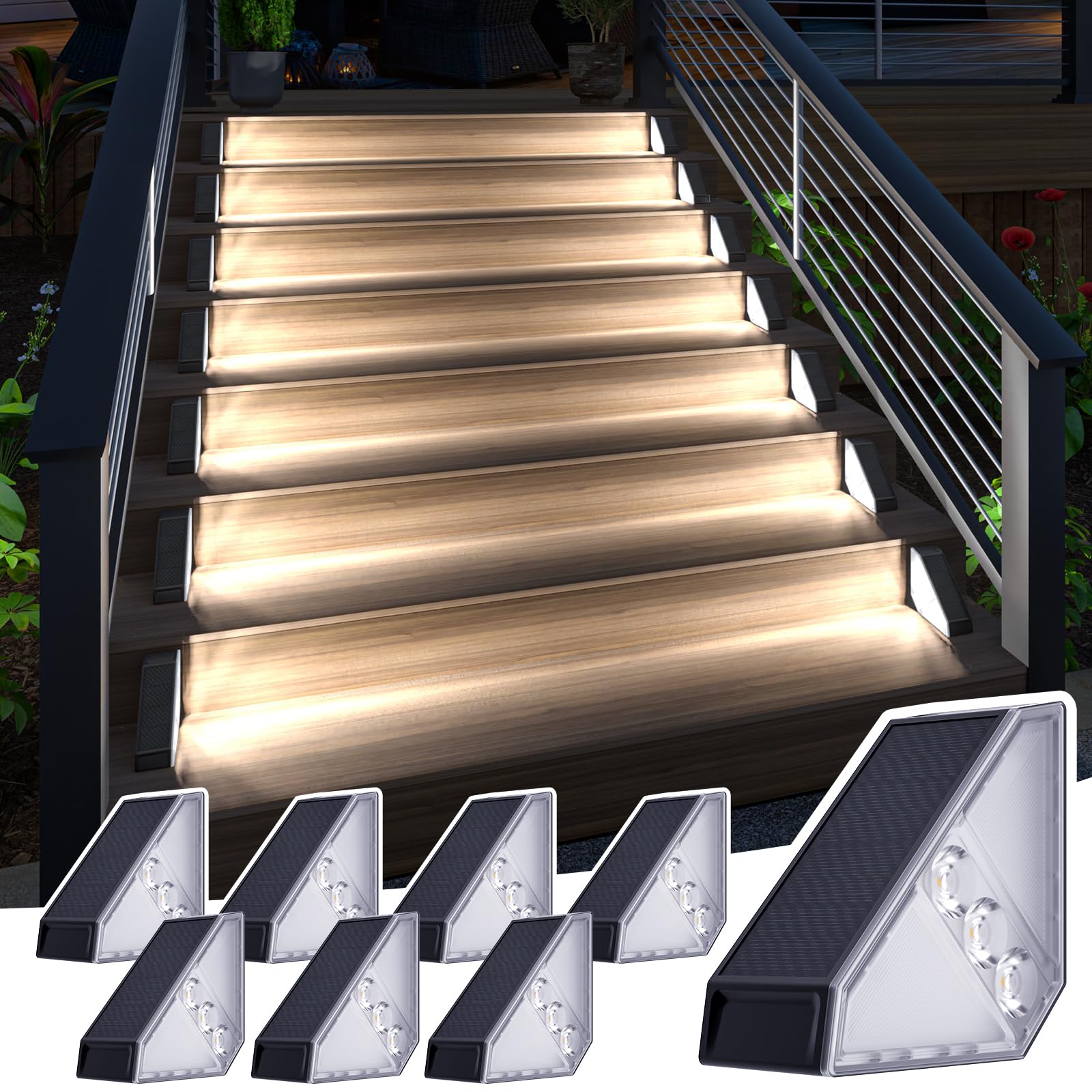 JSOT Solar Step Stair Lights Outdoor Yard Decor 8 Pack, IP65 Waterproof Deck Lighting for Outside Solar Powered, Solar Garden Li