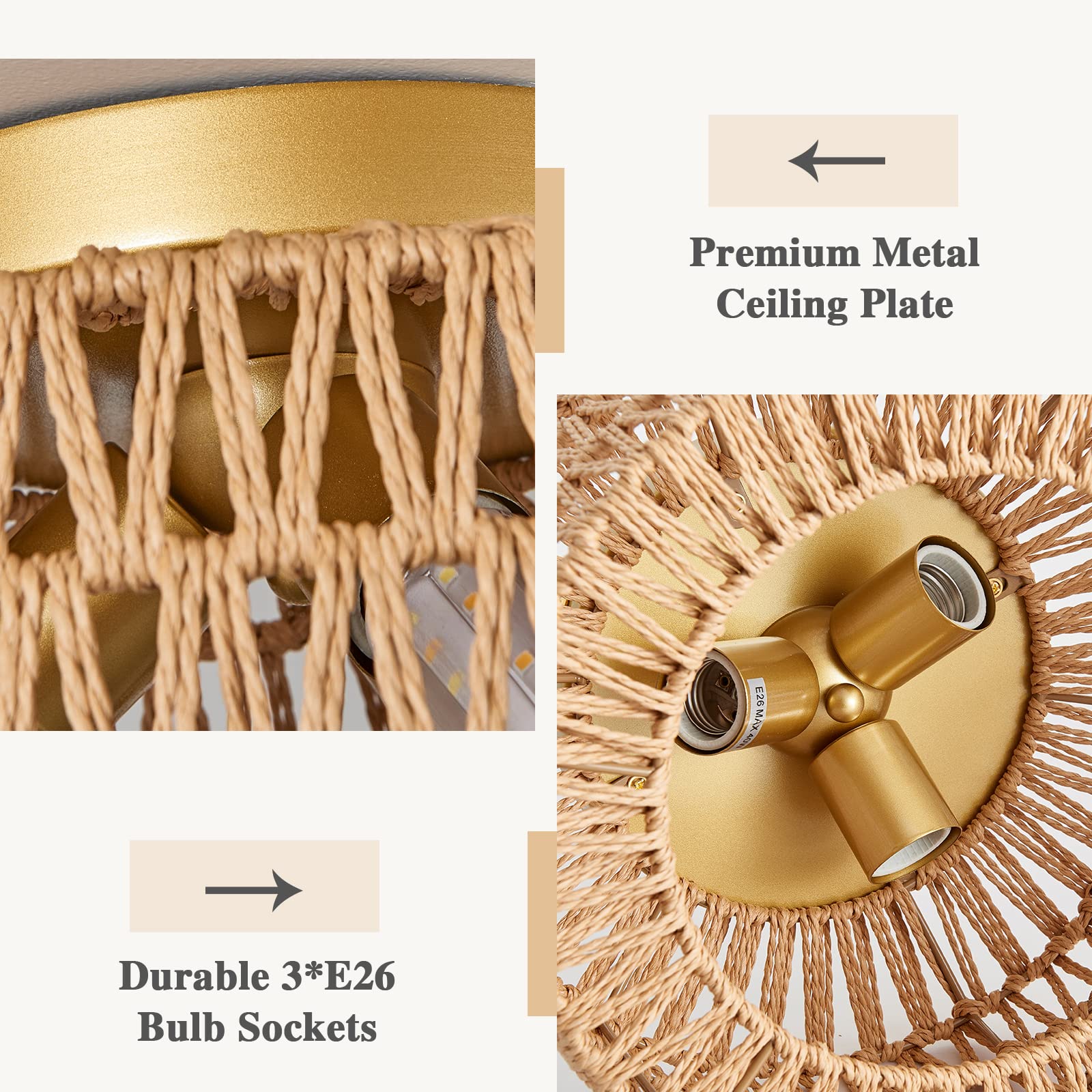 Rattan Light Fixtures Ceiling Mount, 3-Lights Boho Flush Mount Ceiling Light, Hand-Woven Cage Shade Lamp Lighting, Rustic Rattan Chandelier For Hallway Bedroom Kitchen Farmhouse Foyer Entryway (Gold)
