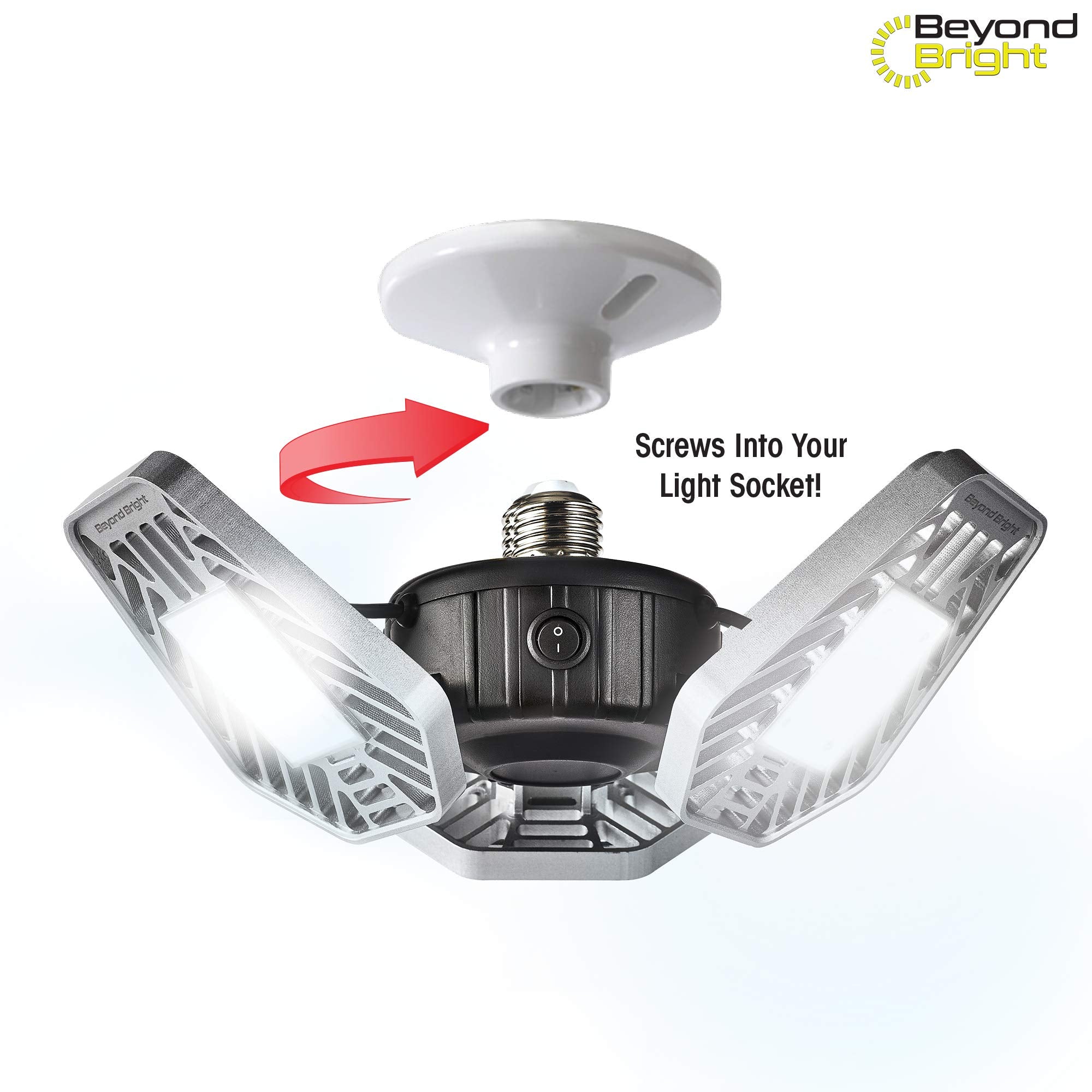 Ontel Beyond Bright LED Garage Light - 3 Adjustable Panels, Energy Efficient, 1 Count, Black/Grey, Model BEBR-MC4