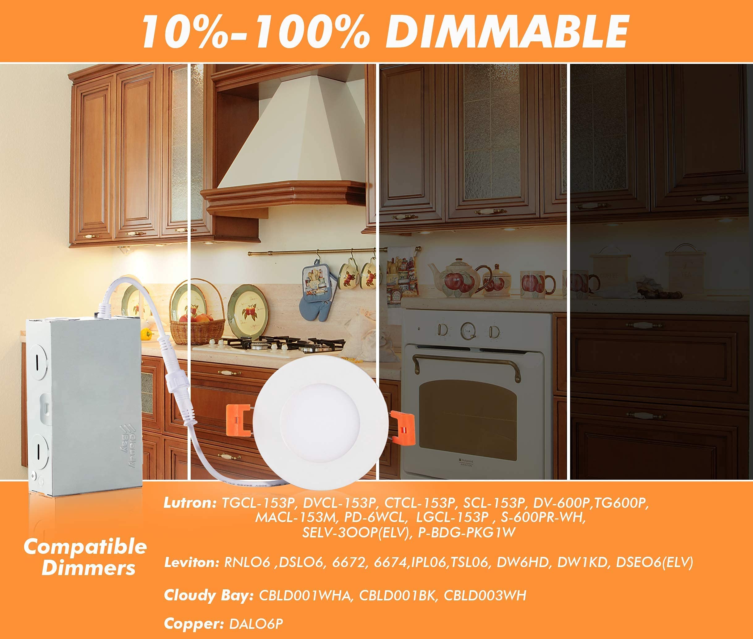 CLOUDY BAY 3 Inch Ultra Thin LED Recessed Light, 5 Color Temp, IC Rated, Aluminum, Pack of 6, Model LJD005WH5C-6PK