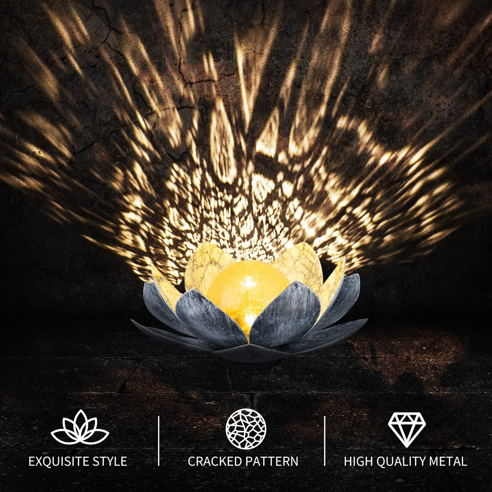 Garden Solar Light Outdoor(2Pack), Amber Crackle Globe Glass Lotus Decoration, Waterproof Gary Metal Led Flower Lights For Patio